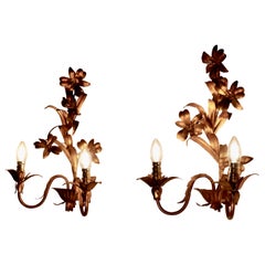 Antique Pair of French Two Branch Toleware Gilded Wall Lights