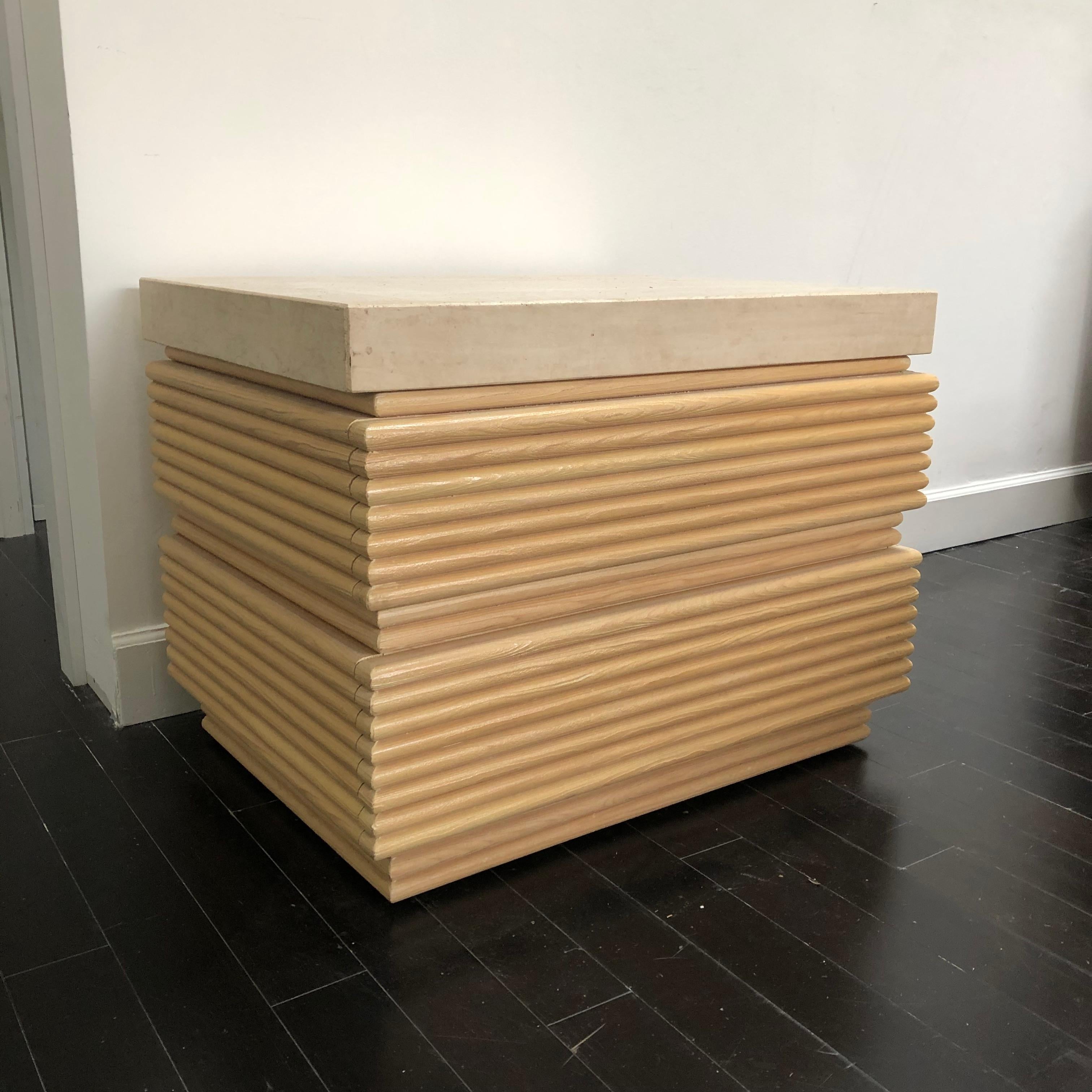 Pair of French Two-Drawer Maple and Travertine Top Nightstands In Good Condition In Sausalito, CA