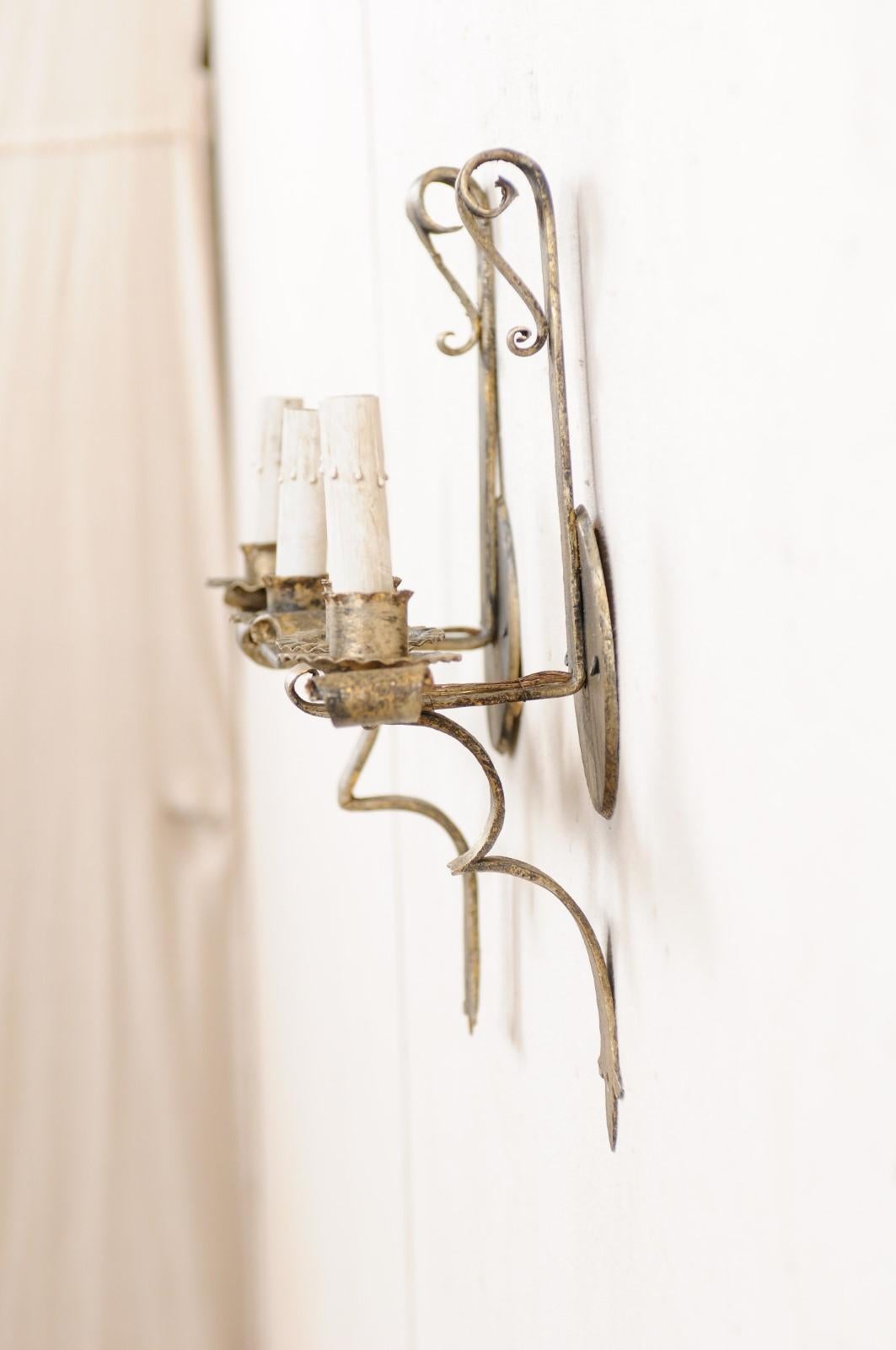 Pair of French Two-Light Gold Tone Iron Sconces, Mid-20th Century For Sale 2