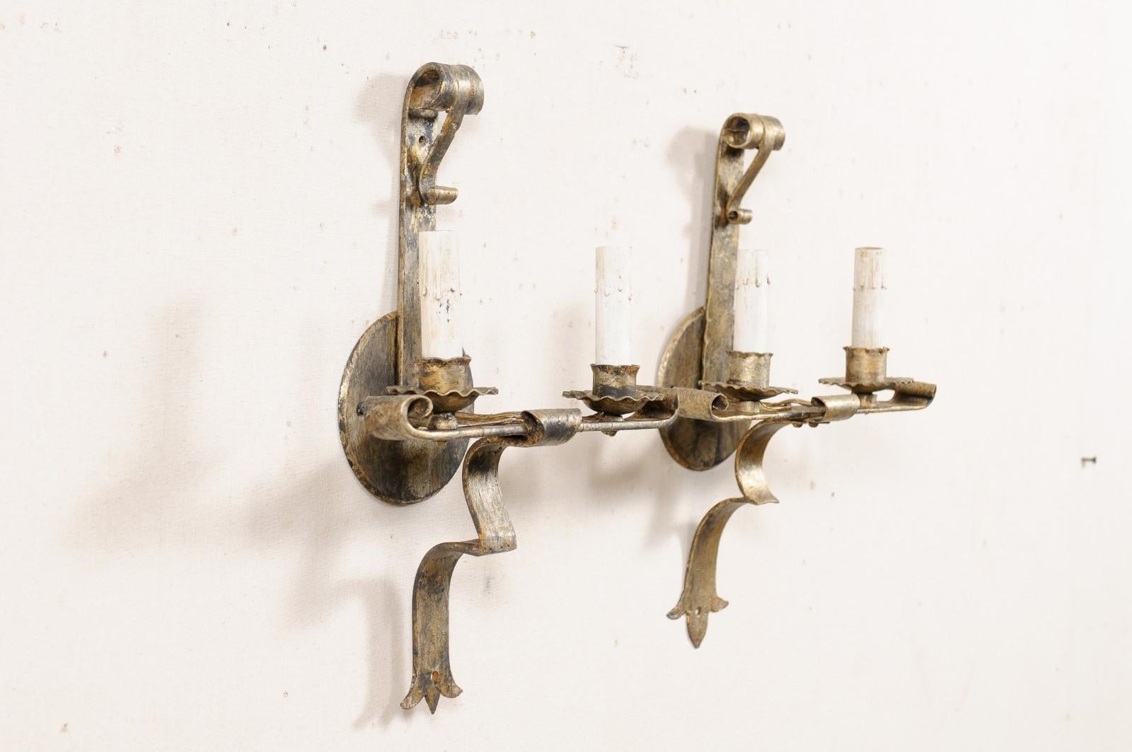 Pair of French Two-Light Gold Tone Iron Sconces, Mid-20th Century For Sale 3