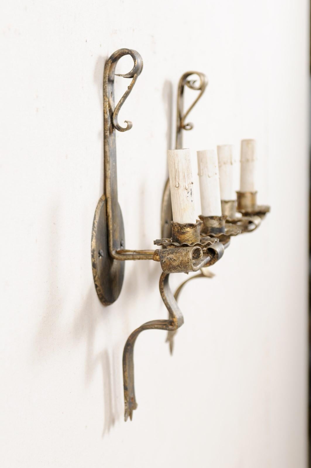 Pair of French Two-Light Gold Tone Iron Sconces, Mid-20th Century For Sale 4