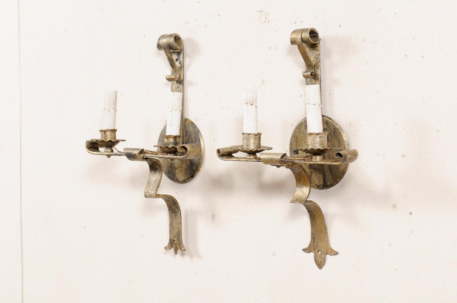 Pair of French Two-Light Gold Tone Iron Sconces, Mid-20th Century For Sale 5
