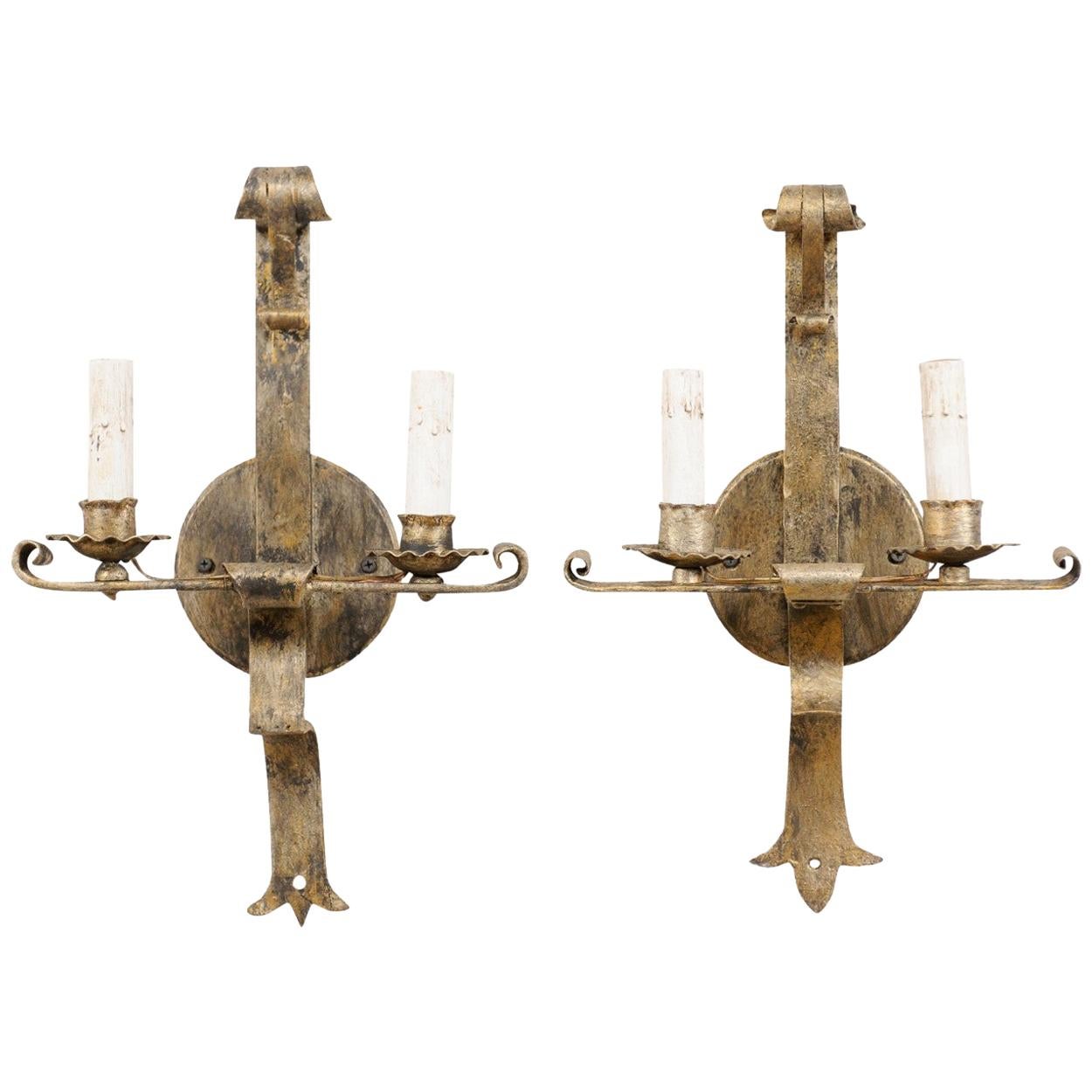 Pair of French Two-Light Gold Tone Iron Sconces, Mid-20th Century For Sale