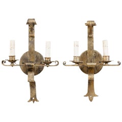 Pair of French Two-Light Gold Tone Iron Sconces, Mid-20th Century