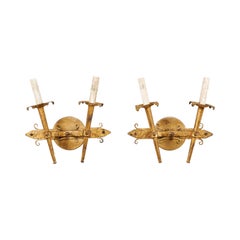 Pair of French Two-Light Gold Toned Iron Sconces, Mid-20th Century