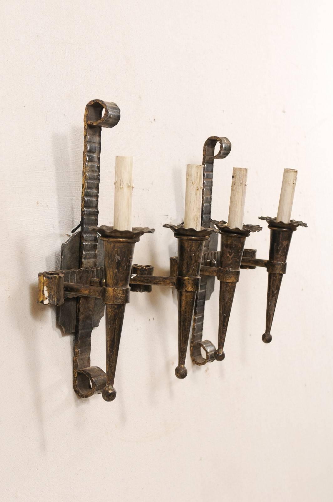 Pair of French Two-Light Hand-Forged Iron Mid-Century Sconces with Torch Shapes 1