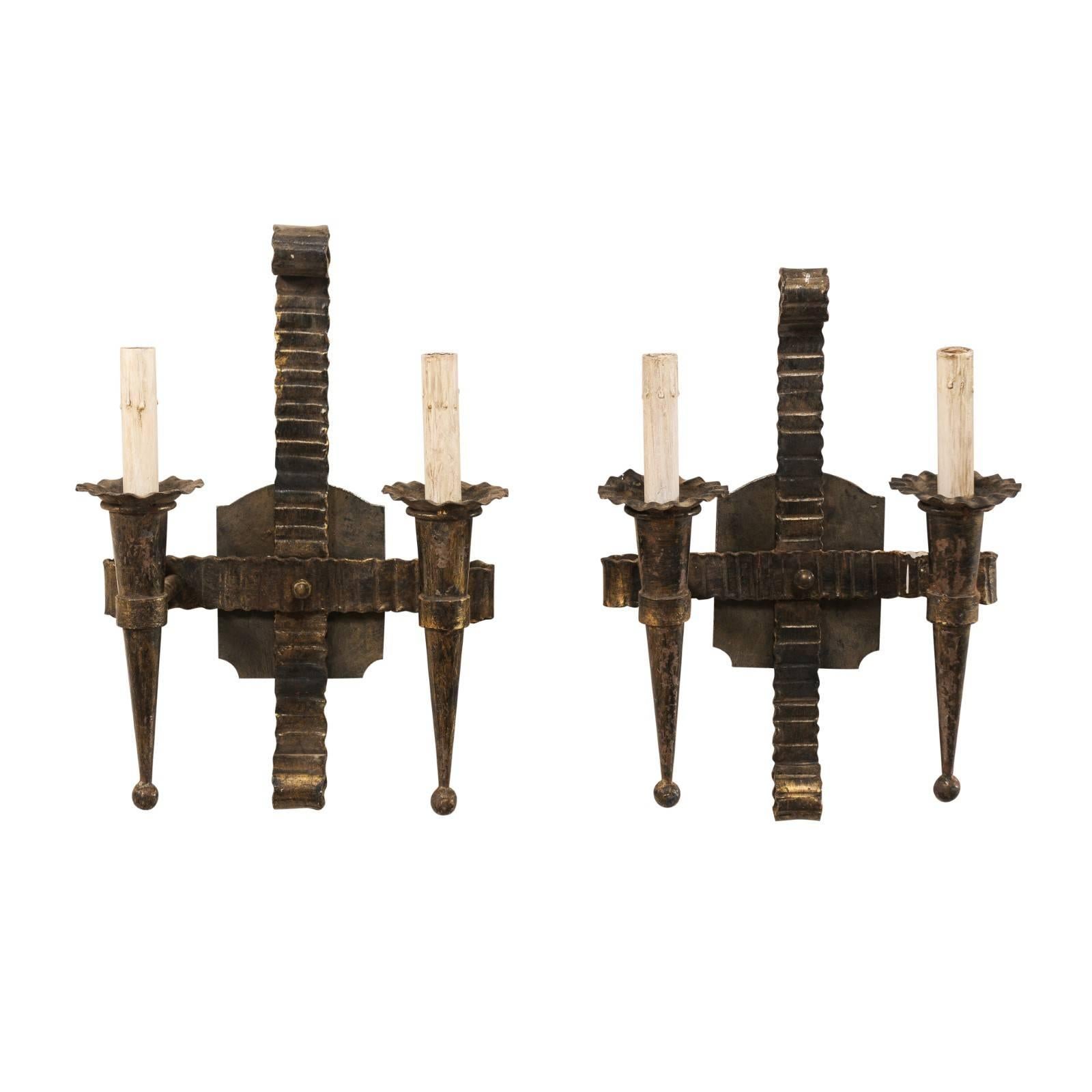 Pair of French Two-Light Hand-Forged Iron Mid-Century Sconces with Torch Shapes