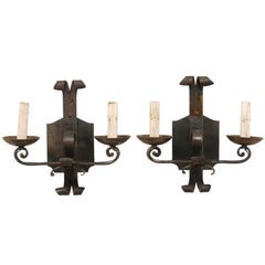 Pair of French Two-Light Hand-Forged Iron Sconces with Scrolled Arms