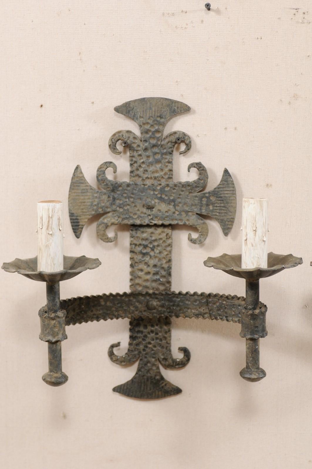 Forged Pair of French Two-Light Iron Sconces with Fleur Des Lis Motifs For Sale