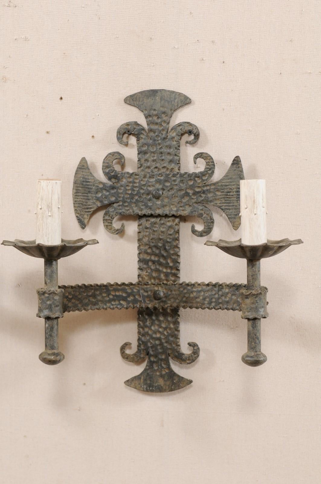 Pair of French Two-Light Iron Sconces with Fleur Des Lis Motifs In Good Condition For Sale In Atlanta, GA