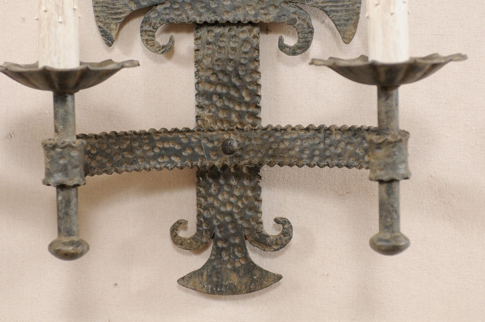 Pair of French Two-Light Iron Sconces with Fleur Des Lis Motifs For Sale 3