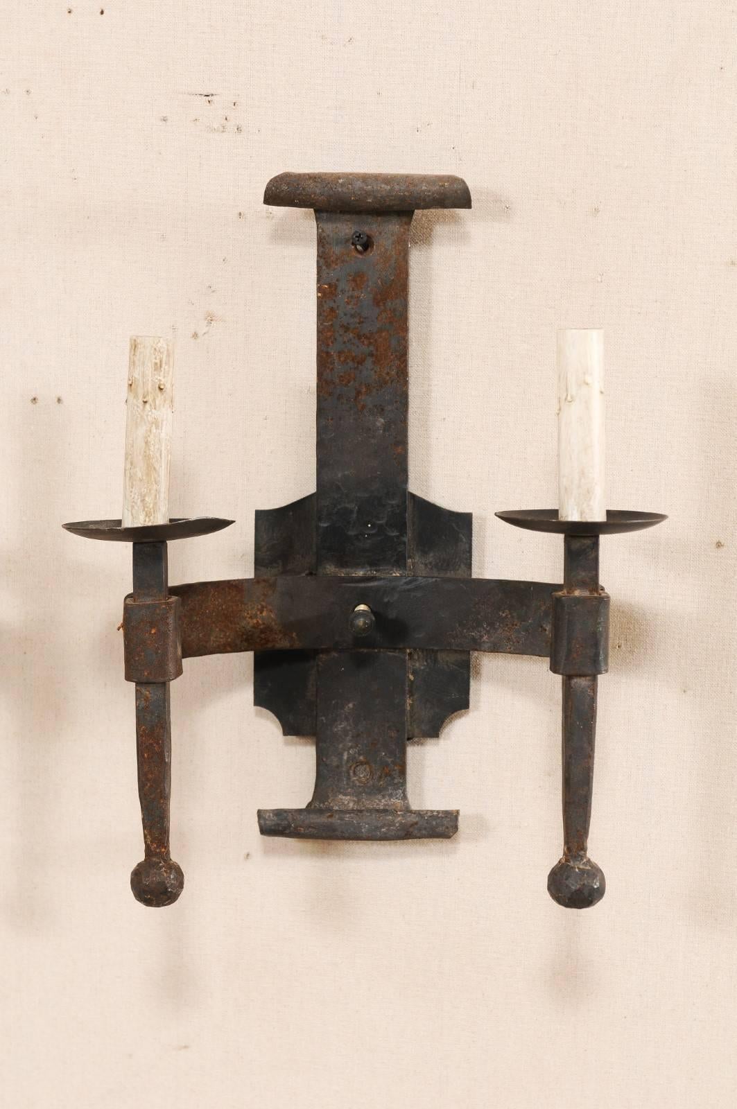 Hand-Crafted Pair of French Two-Light Mid-20th Century Hand-Forged Iron Sconces