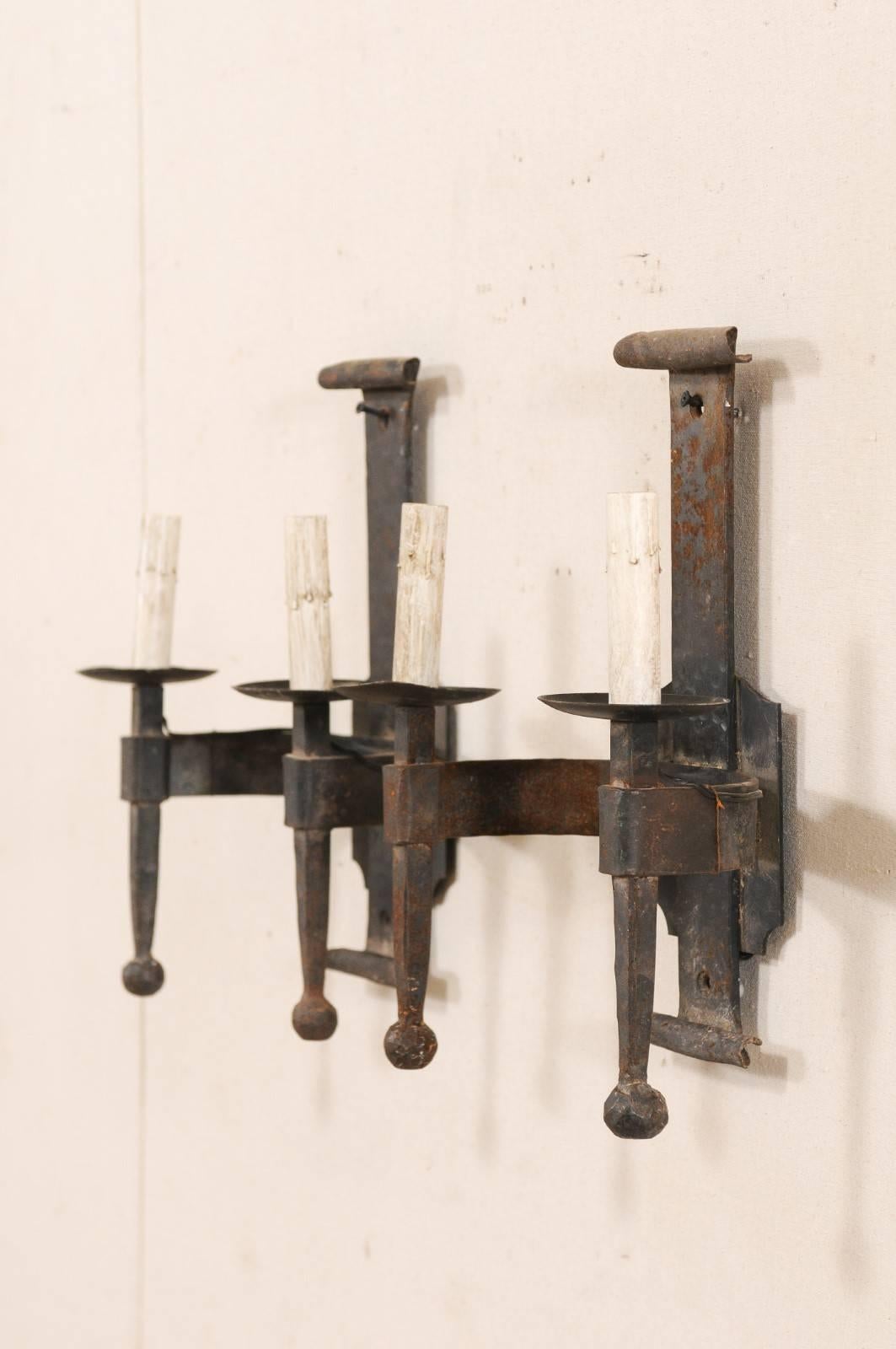 Pair of French Two-Light Mid-20th Century Hand-Forged Iron Sconces In Good Condition In Atlanta, GA