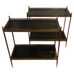 Pair of French Two Tier 1960s Brass and Leather Side Tables