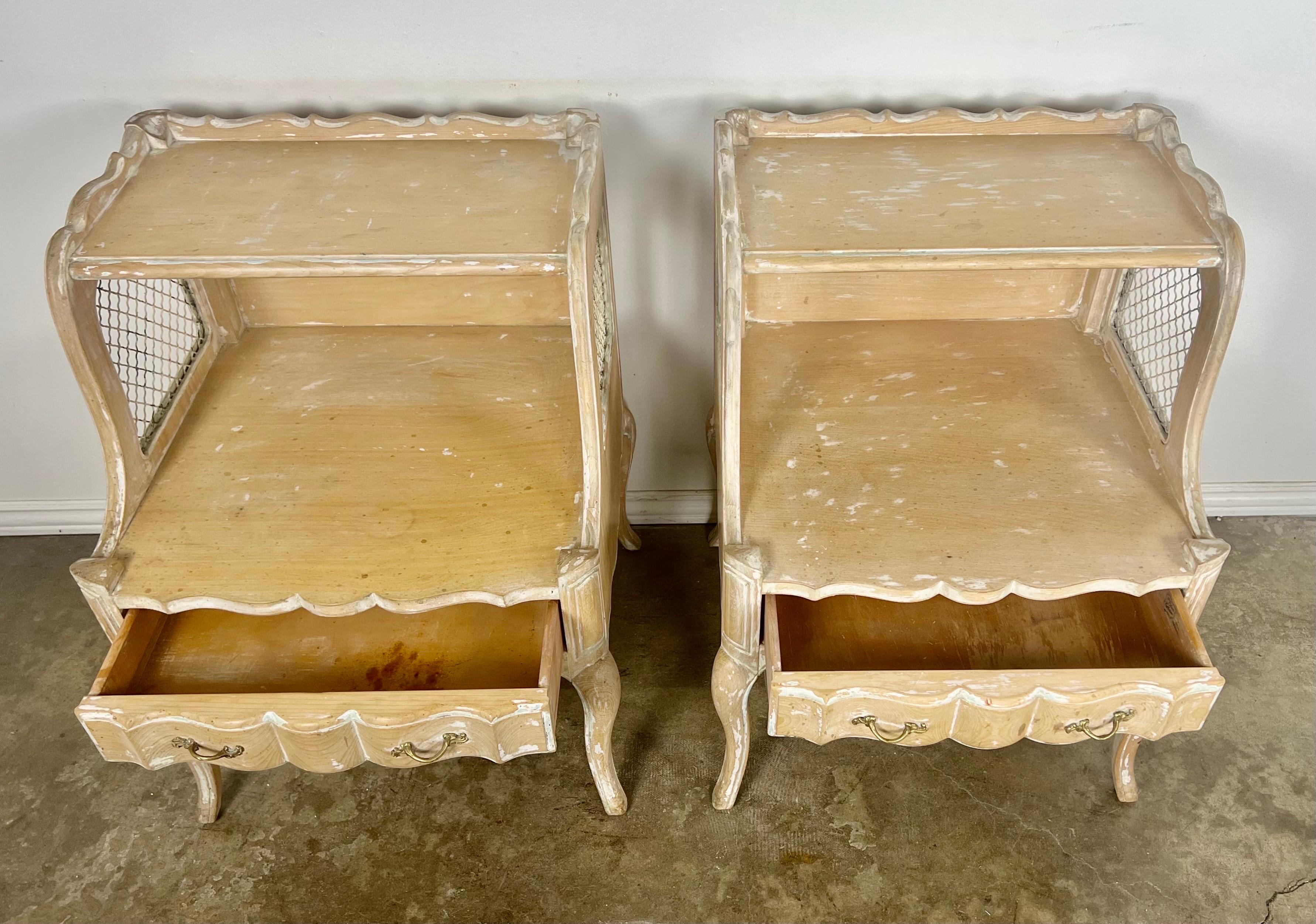 Pair of French Two Tier Side Table w/ Iron Insets C. 1930's In Distressed Condition For Sale In Los Angeles, CA