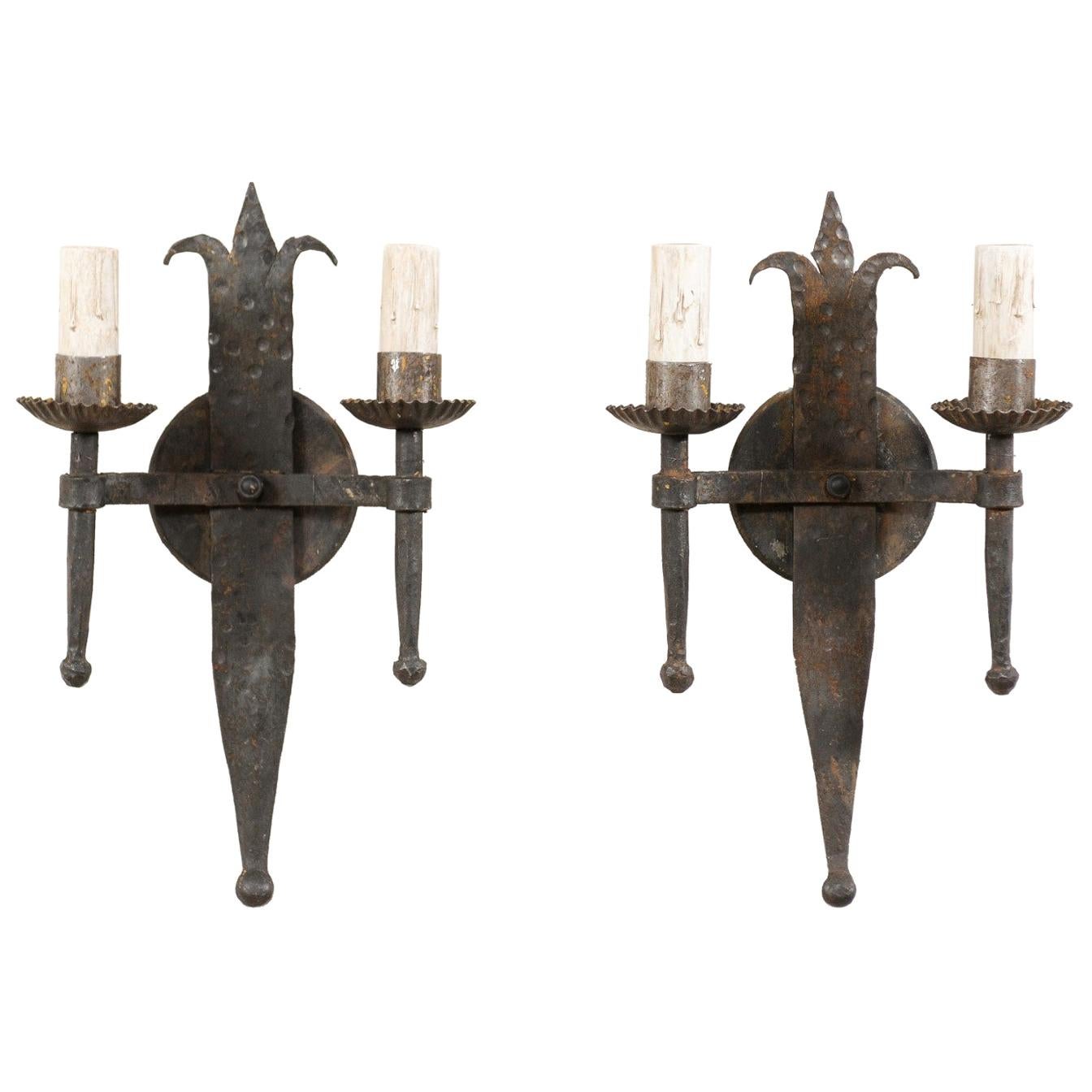Pair of French Two Torch Light Iron Sconces from Mid-20th Century