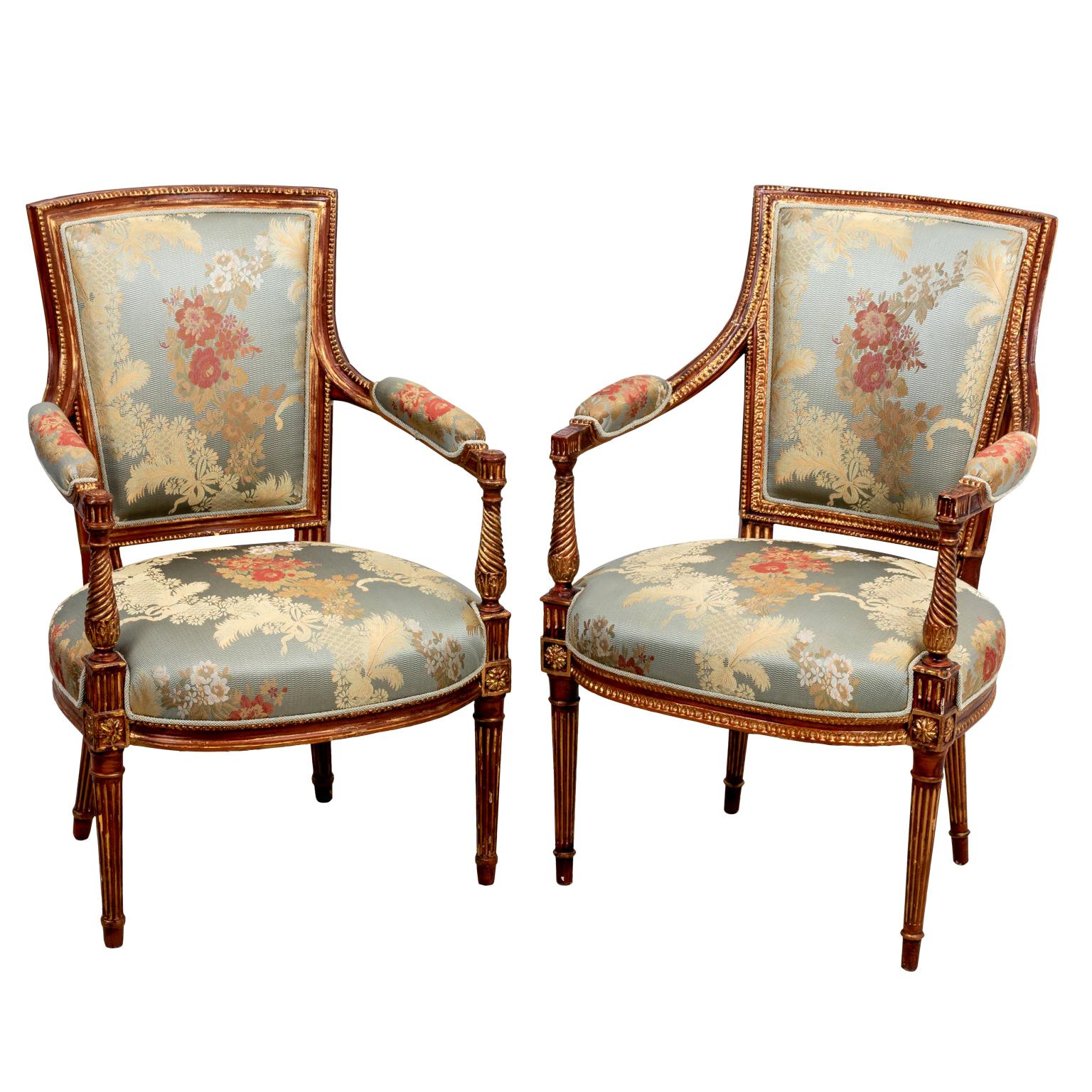Pair of French Upholstered Open Armchairs