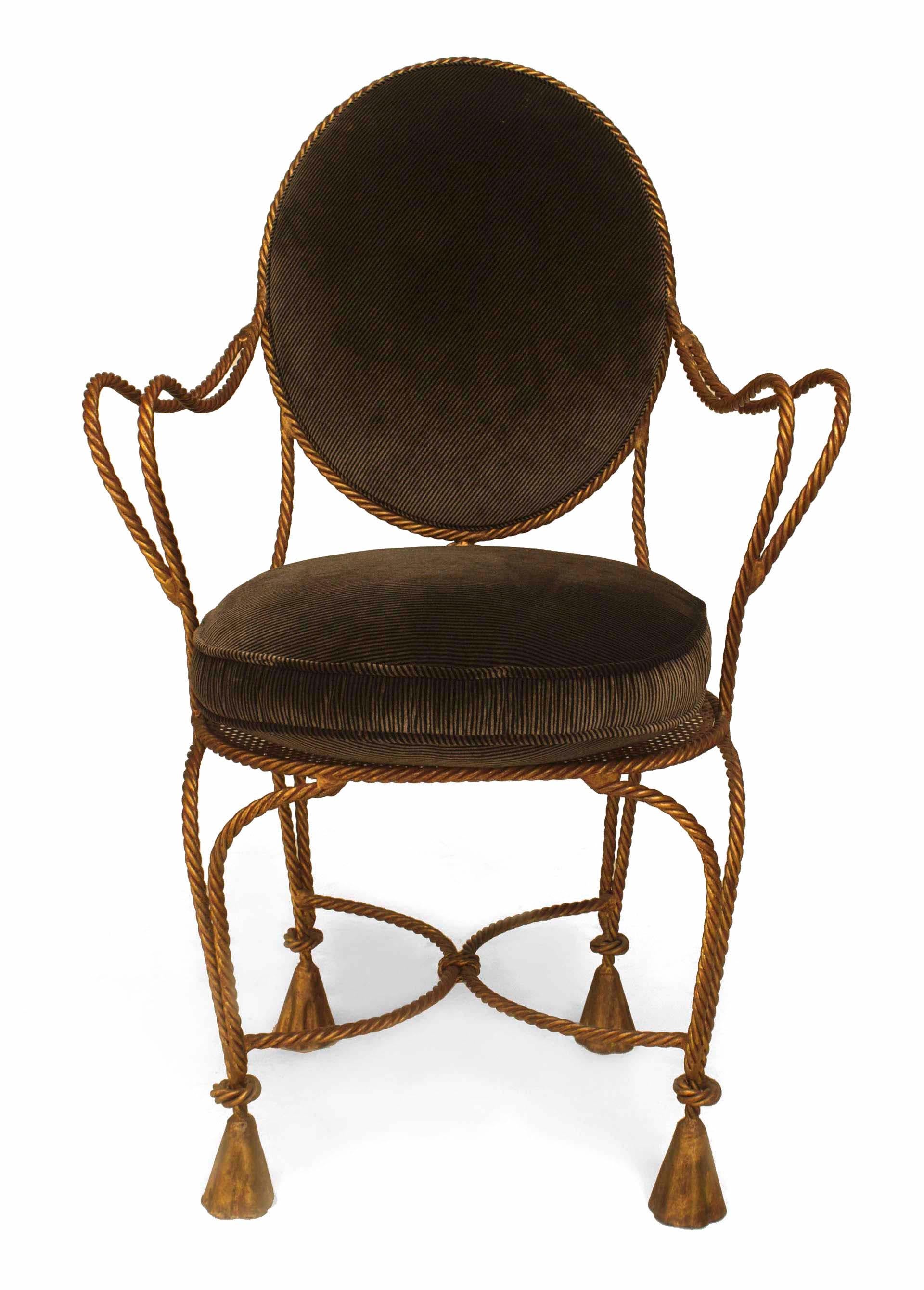 Pair of French 1940s style rope and tassel design gilt metal Armchairs with oval mesh seat and back upholstered in brown stripe.
