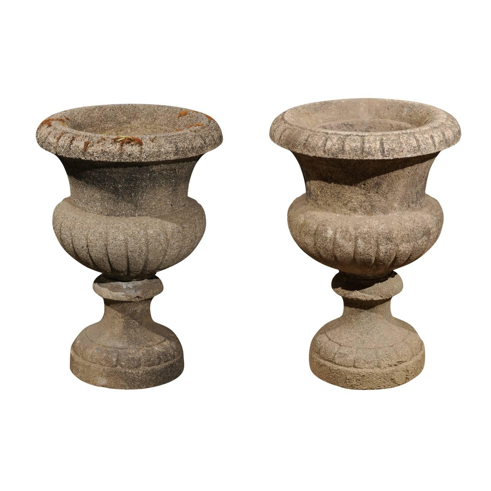 Pair of French Vases Médicis Stone Planters with Gadroon Motifs, circa 1890