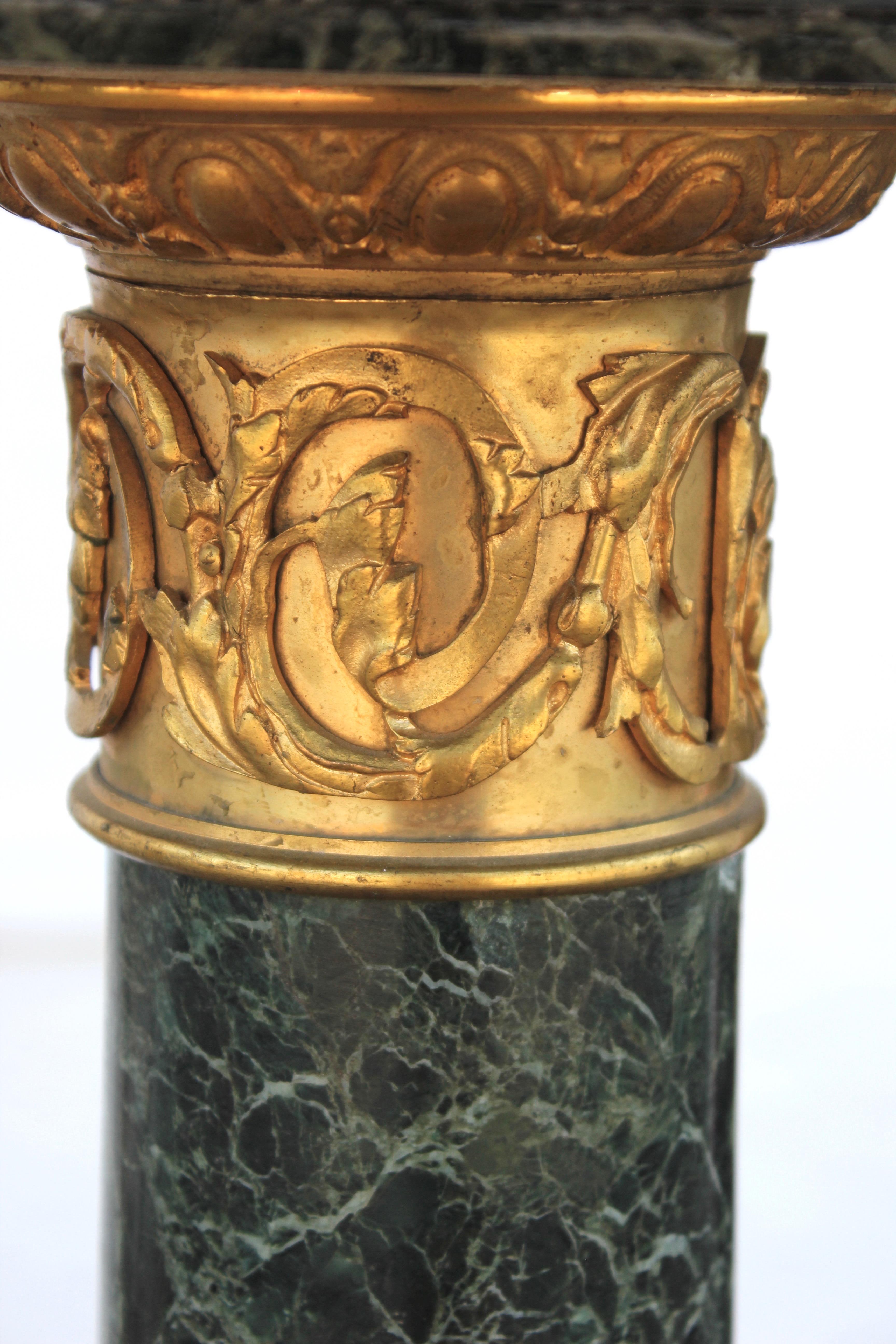 Pair of French Verde Green Marble Column Pedestals with Bronze Capital Detail In Good Condition In Houston, TX