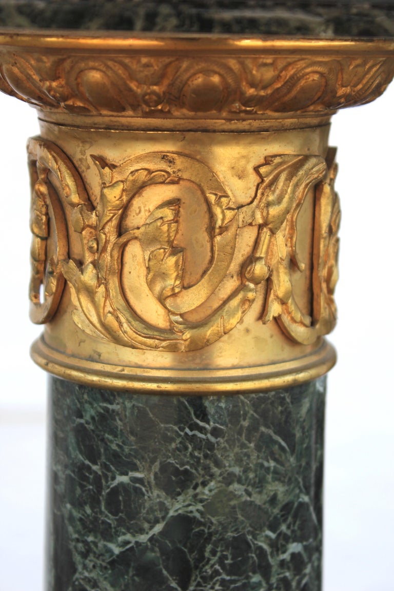 Pair of French Verde Green Marble Column Pedestals with Bronze Capital