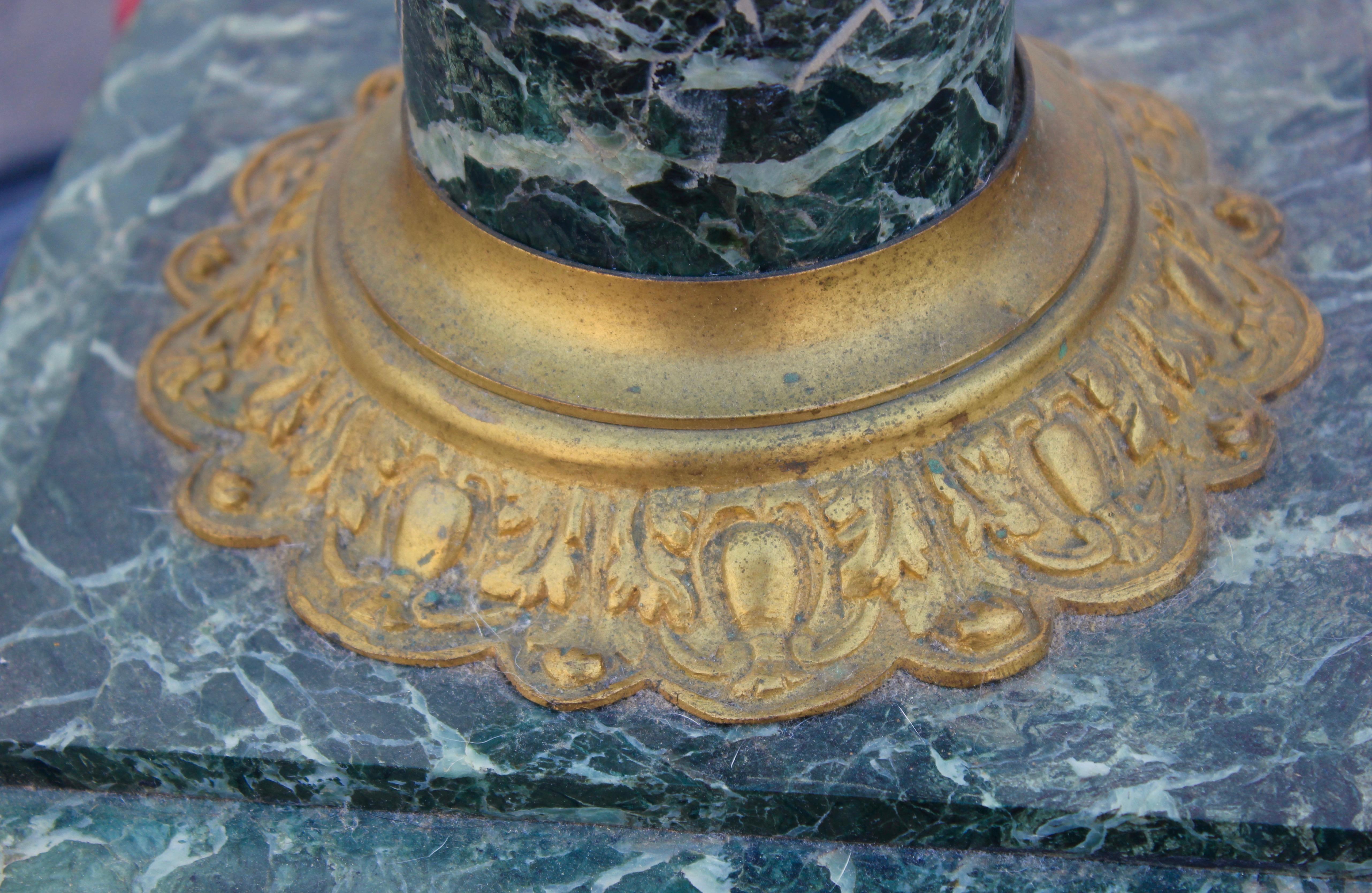 20th Century Pair of French Verde Green Marble Column Pedestals with Bronze Capital Detail