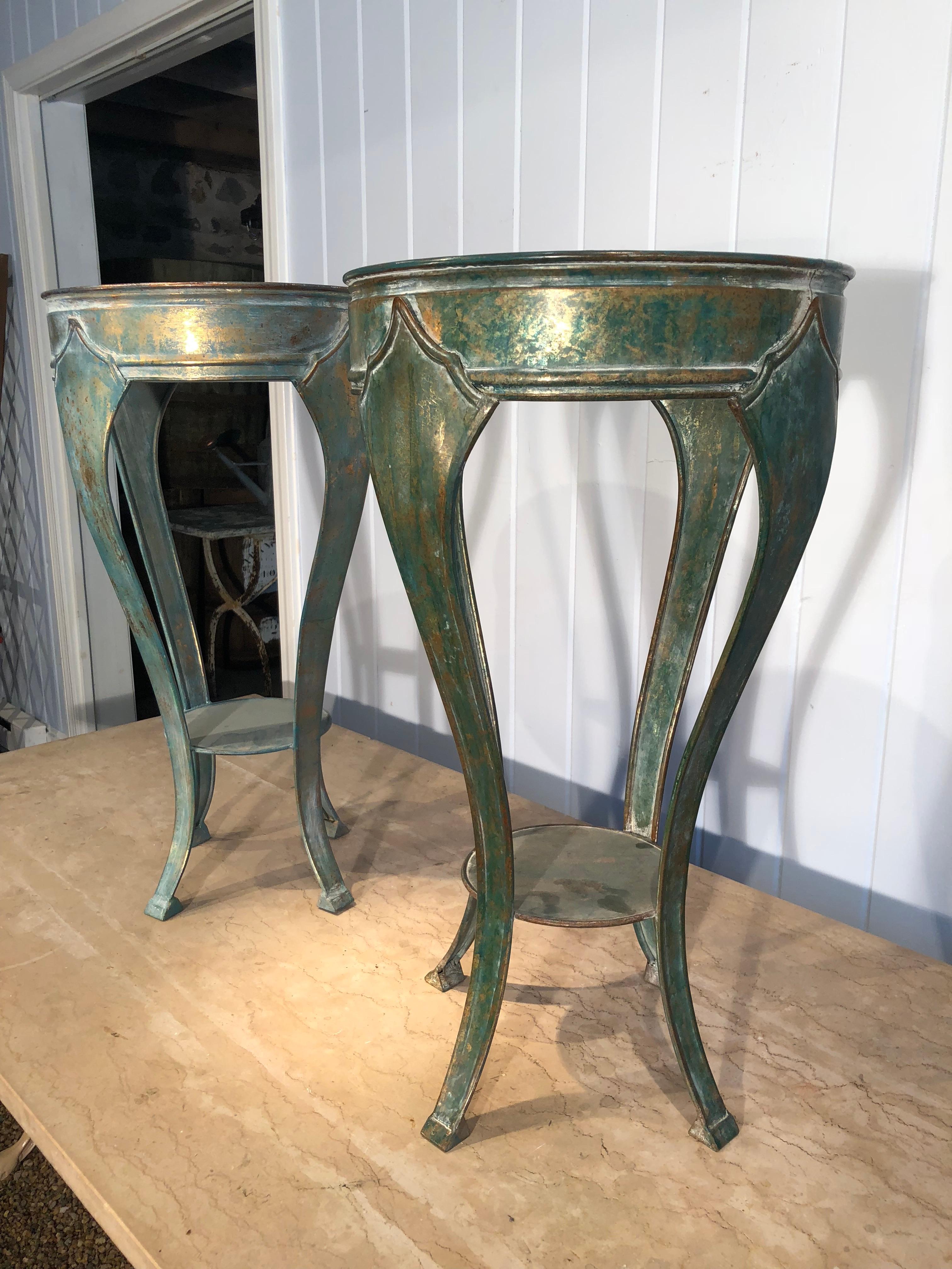 Pair of French Verdigris Brass Plant Stand Tables In Good Condition In Woodbury, CT
