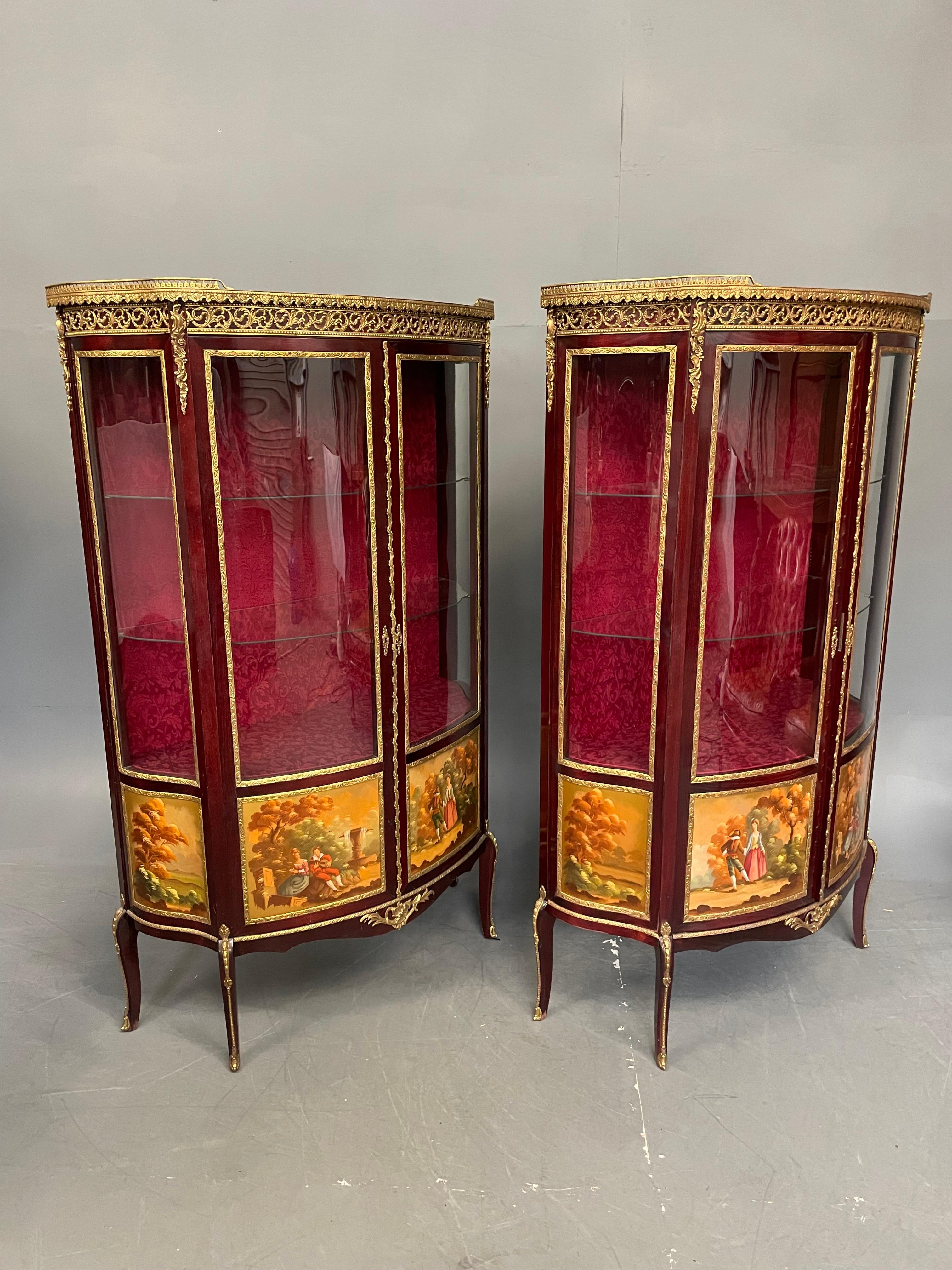 Walnut Pair of French Vernis Martin Vitrines Display Cabinets