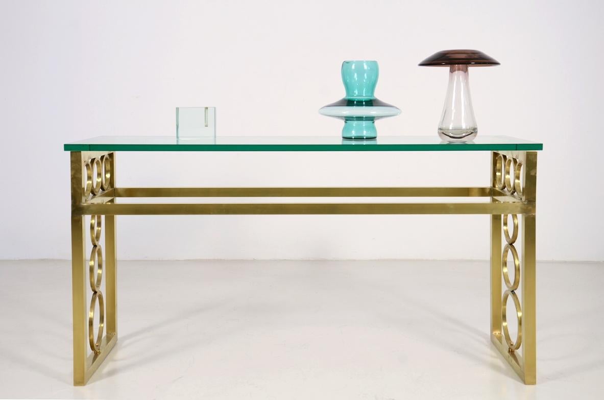 Mid-Century Modern Pair of French Very Decorative Bronze Console Tables For Sale