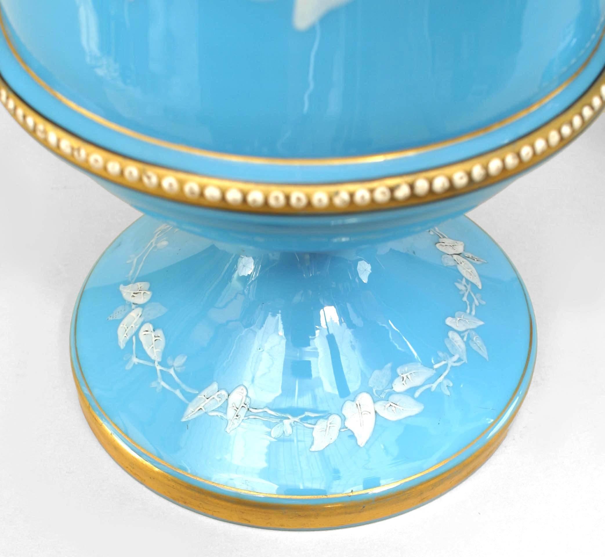 Opaline Glass Pair of French Victorian Blue Opaline Angel Vases For Sale