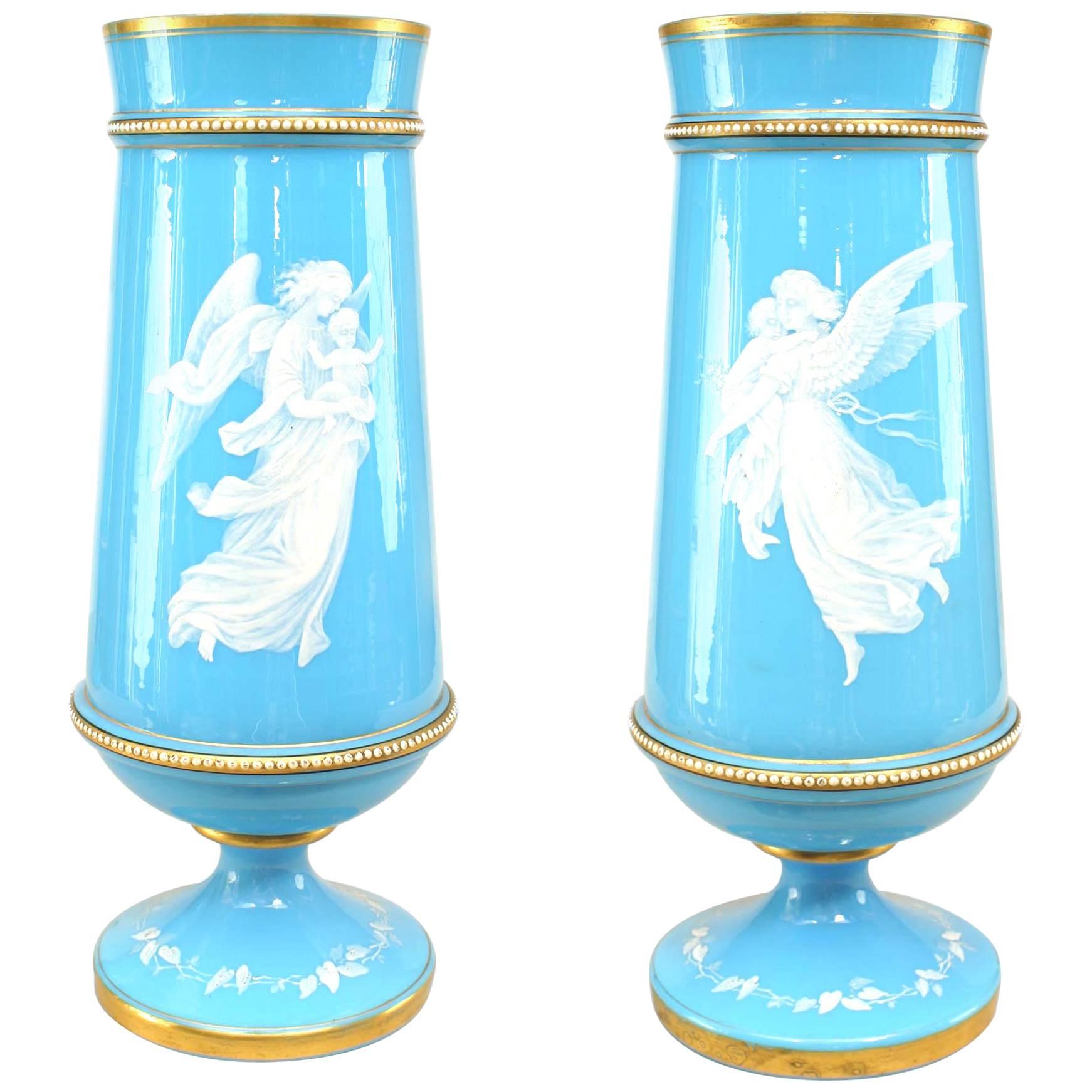 Pair of French Victorian Blue Opaline Angel Vases For Sale