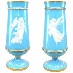 Pair of French Victorian Blue Opaline Angel Vases