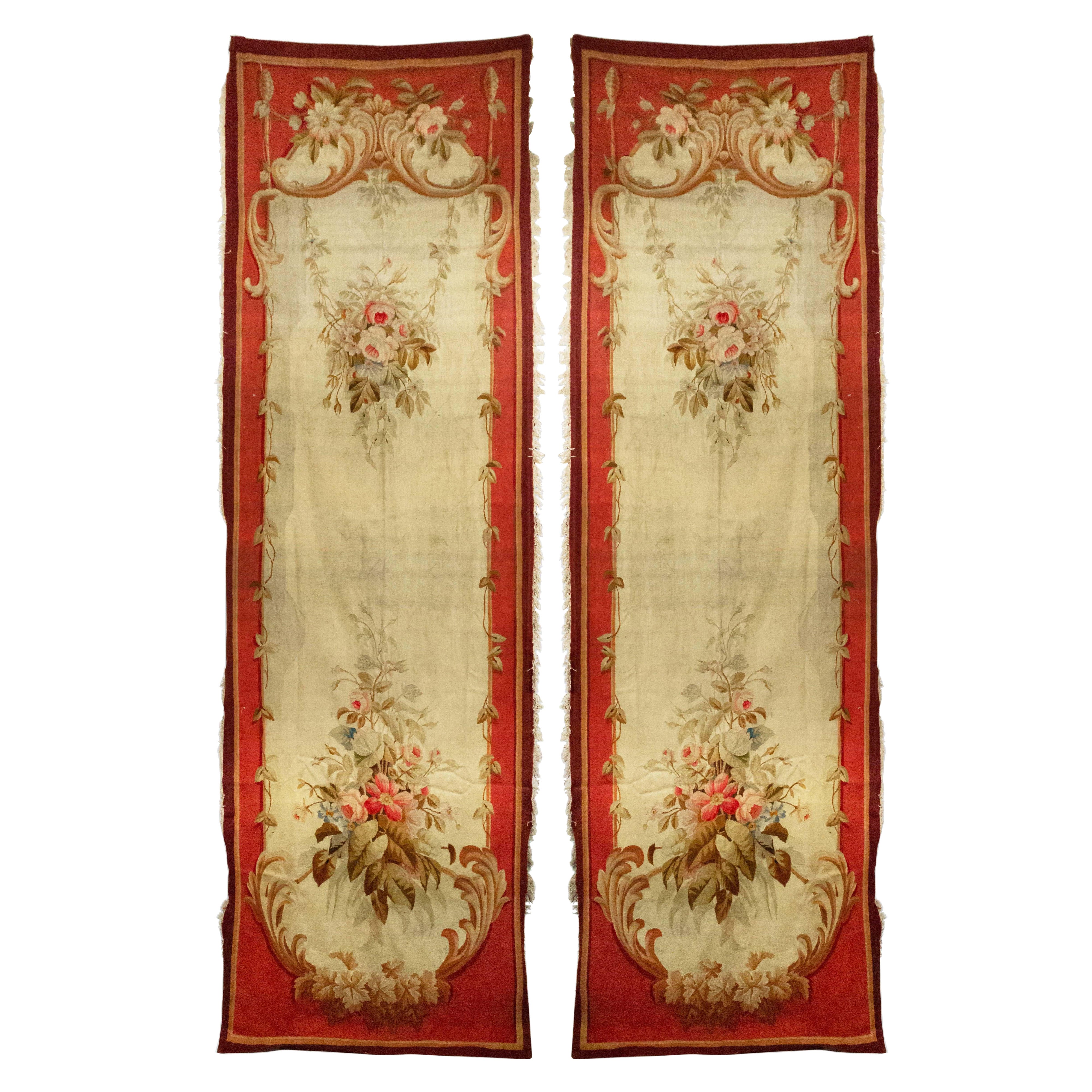 Pair of French Victorian Aubusson Floral Tapestries For Sale
