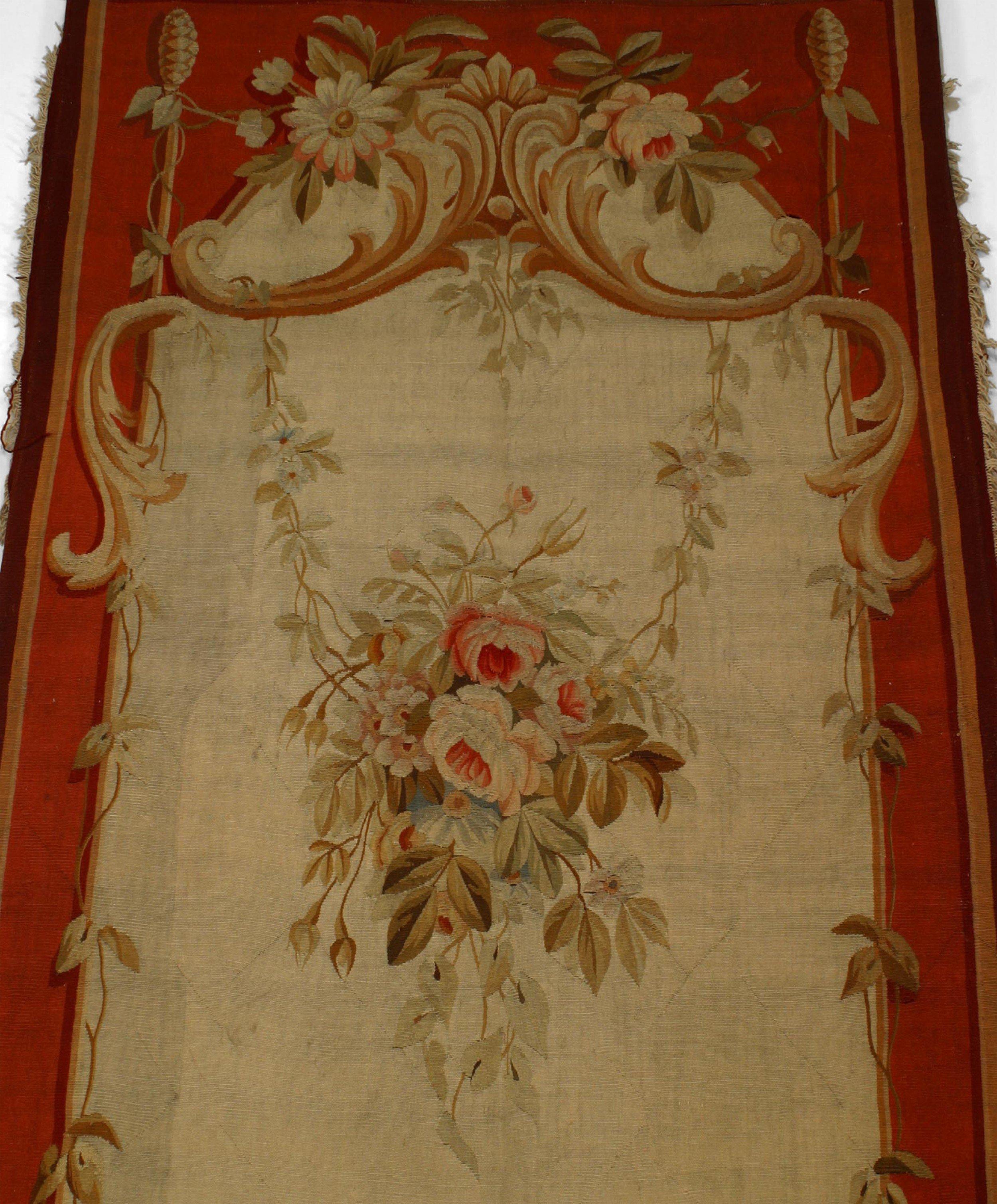 Pair of French Victorian (19th/20th Century) Aubusson wall hanging with floral design in beige, rose & maroon (priced as pair)
 