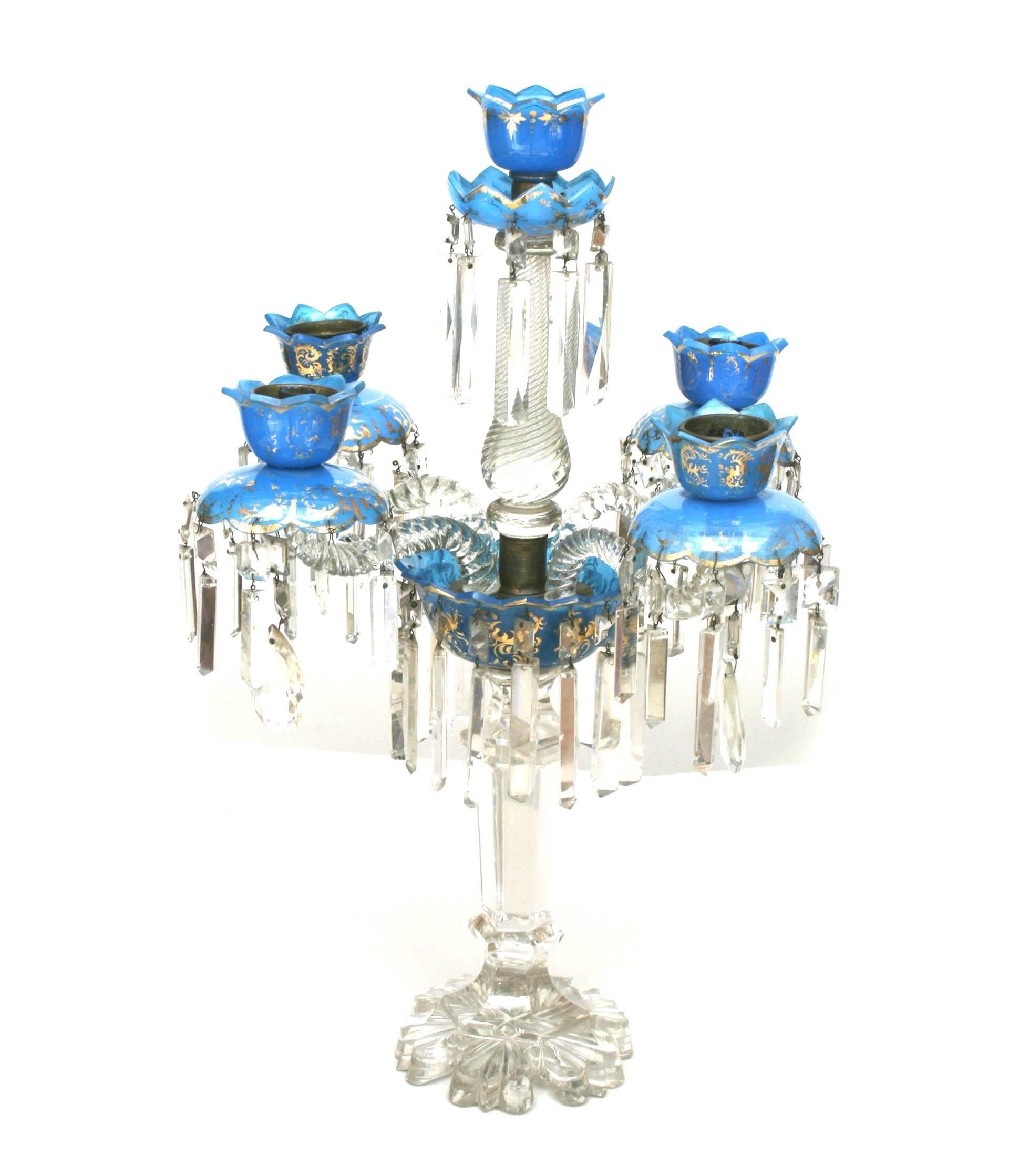 Pair of French Victorian Baccarat crystal and blue opaline 5 arm candelabras with swirl design. (PRICED AS Pair)
