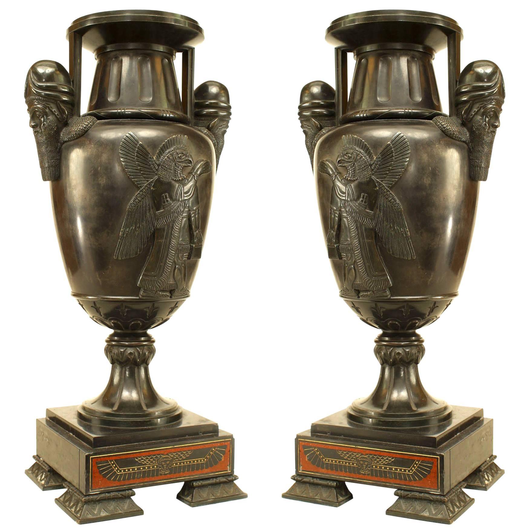 Pair of French Victorian Black Marble and Bronze Urns