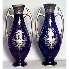 Pair of French Victorian Blue Porcelain Vases
