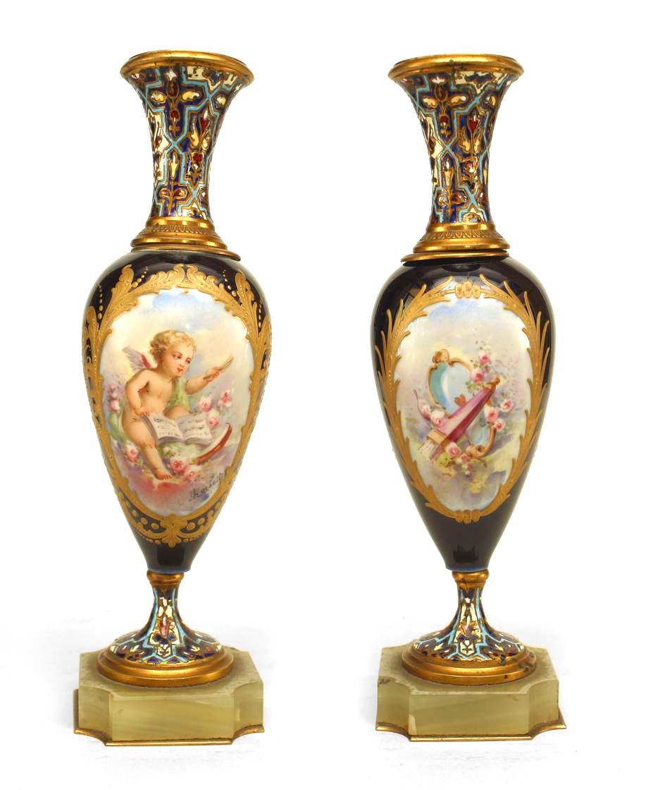 Pair of French Victorian Blue Sevre Porcelain Vases In Good Condition For Sale In New York, NY