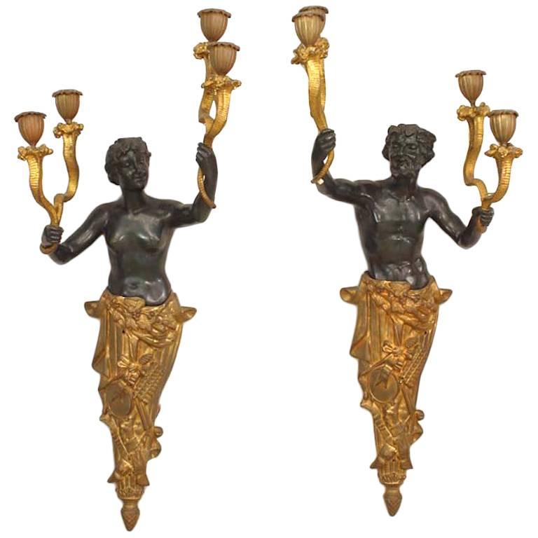 Pair of French Victorian Bronze Figural Wall Sconces For Sale at