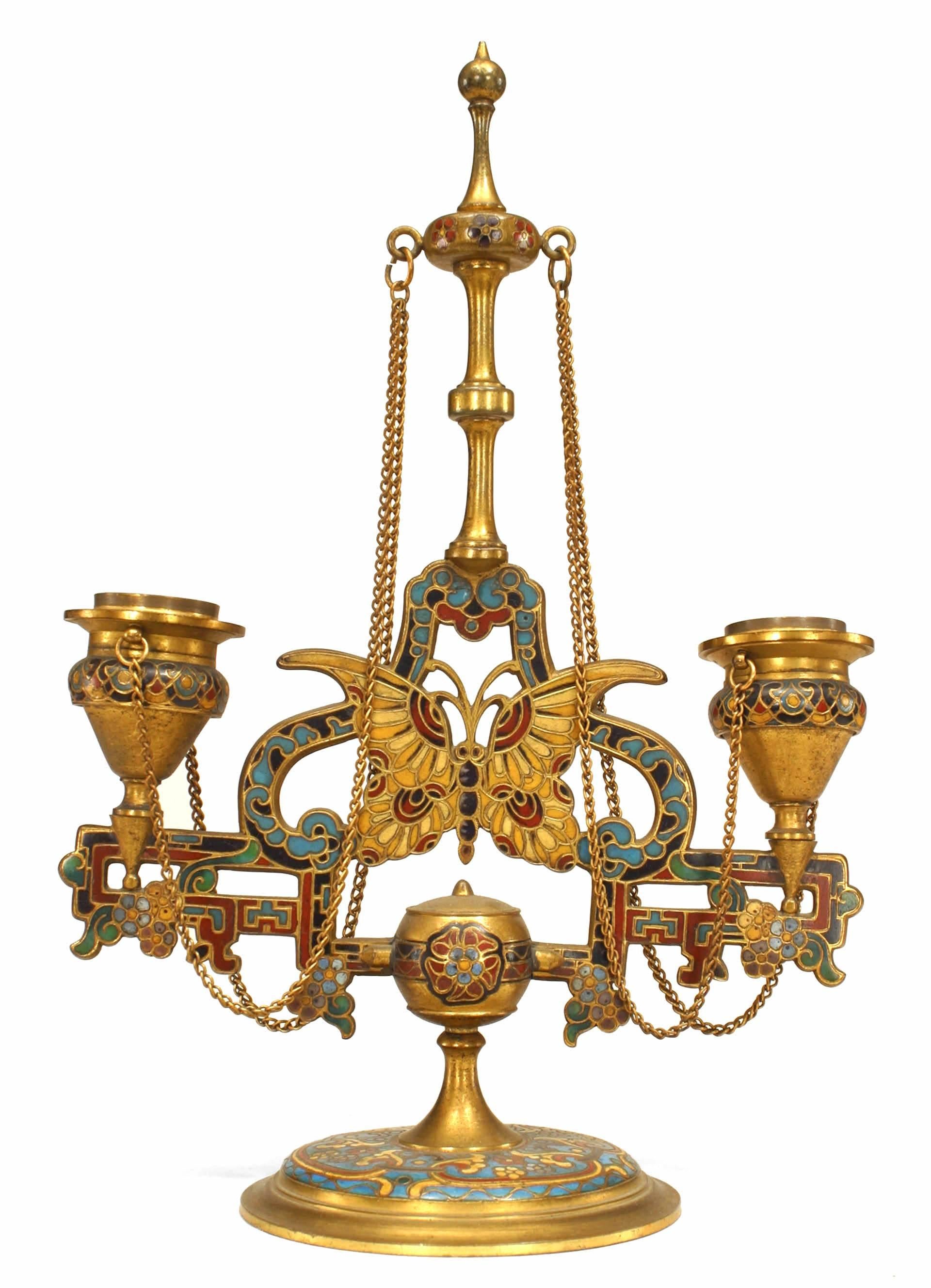 Pair of French Victorian bronze dore and enamel double arm candelabras with butterfly design (signed F. BARBEDIENNE) (PRICED AS Pair)
