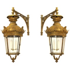 Antique Pair of French Victorian Bronze Paneled Wall Lanterns