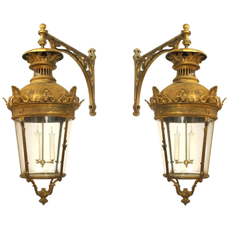 Pair of French Victorian Bronze Paneled Wall Lanterns For Sale at 1stDibs