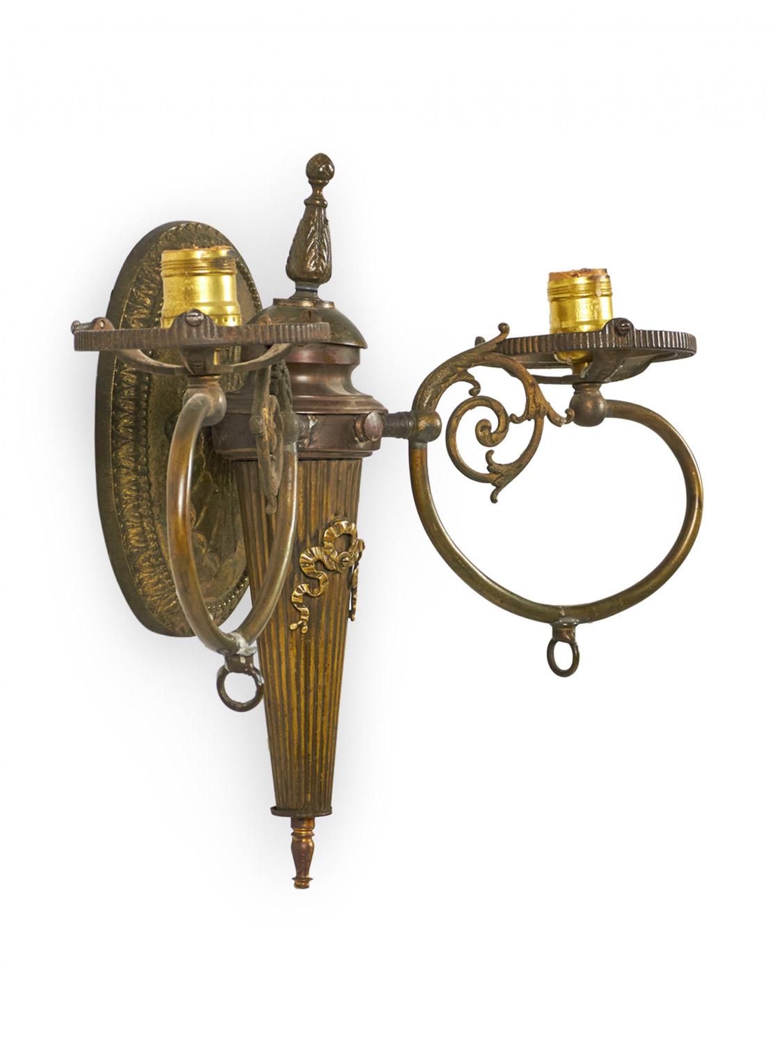 Francese Pair of French Victorian Bronze Torch Design Wall Sconces in vendita