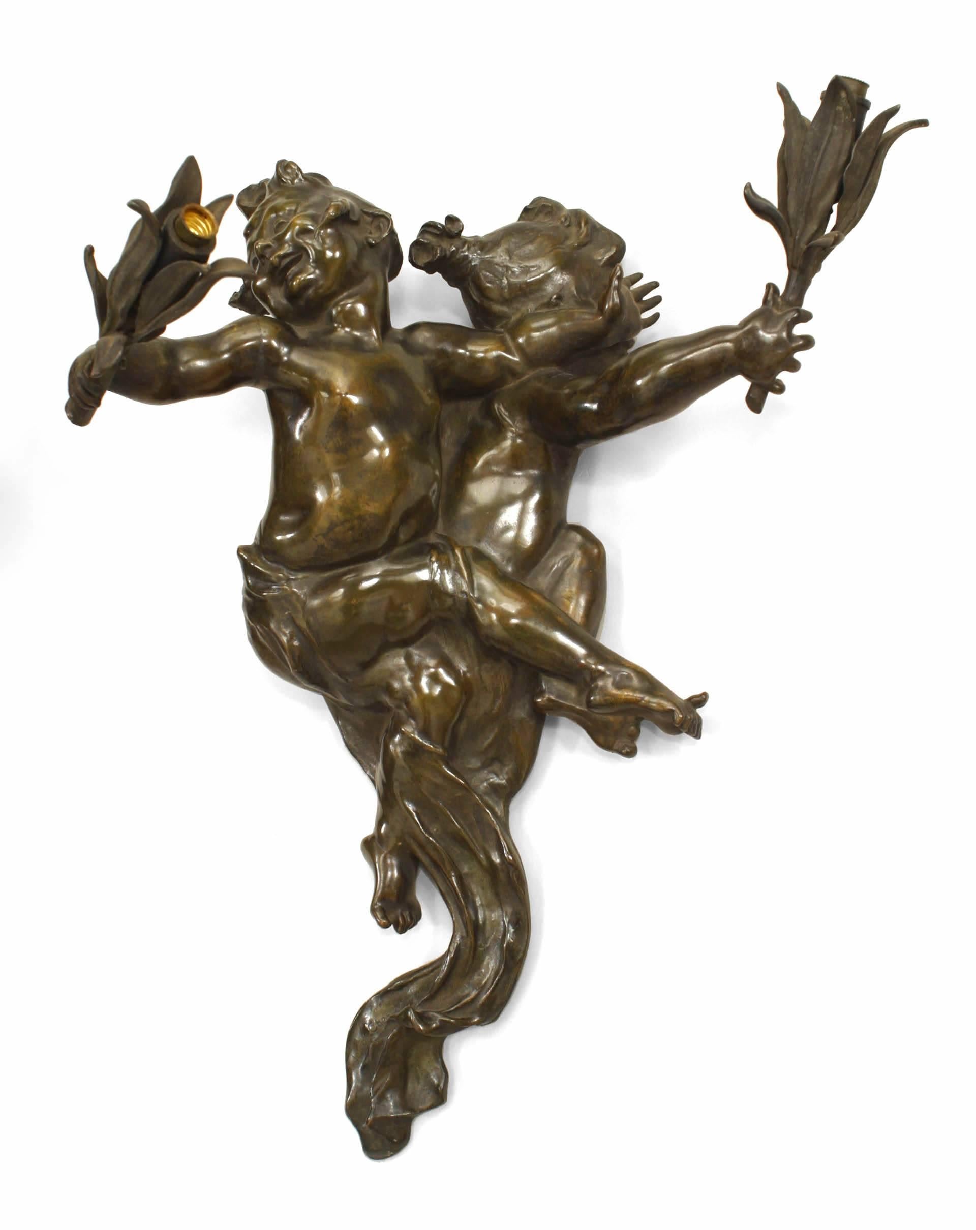 Pair of Joseph Cheret French Victorian Patinated Bronze Cherub Wall Sconces In Good Condition For Sale In New York, NY