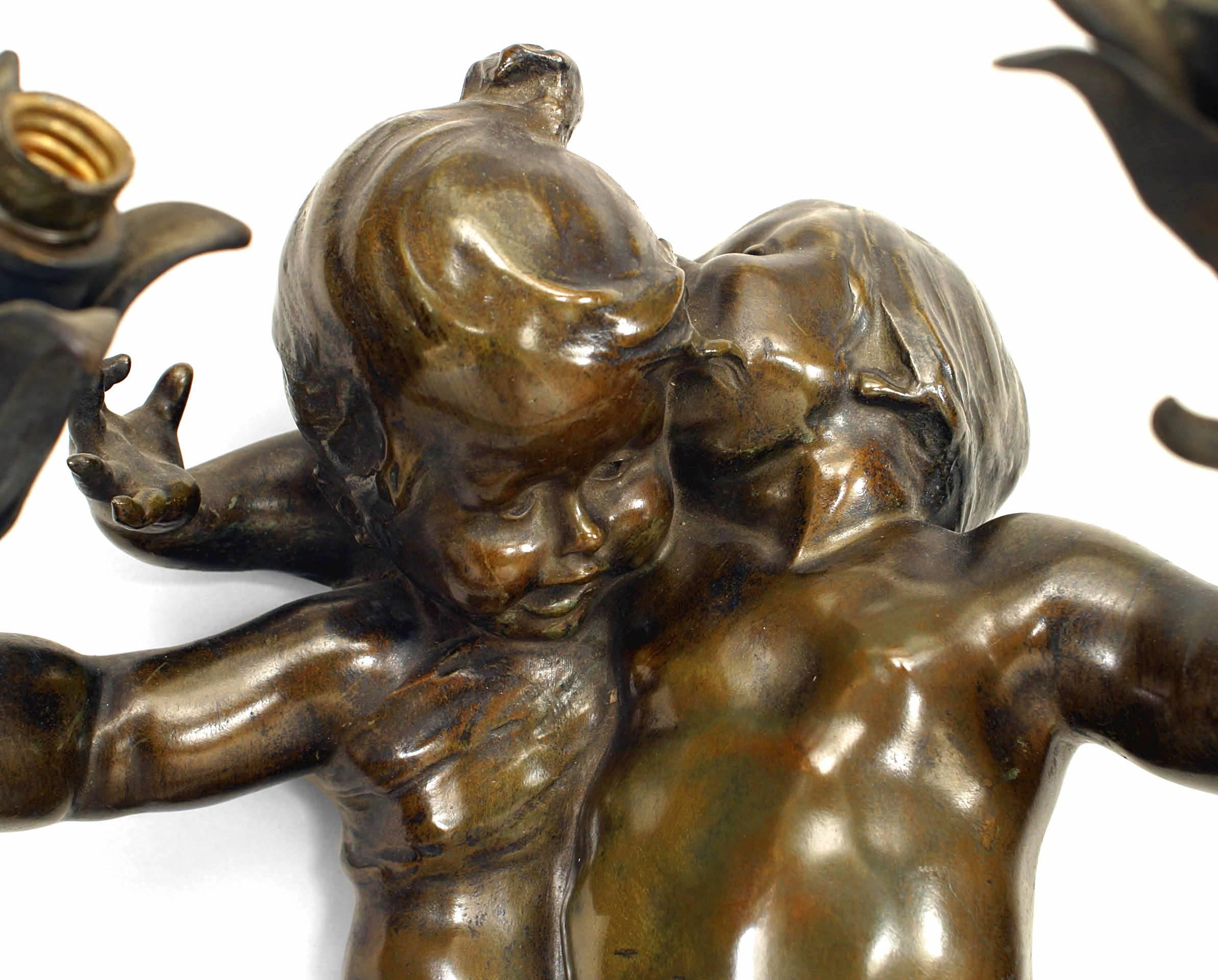 Pair of Joseph Cheret French Victorian Patinated Bronze Cherub Wall Sconces For Sale 1