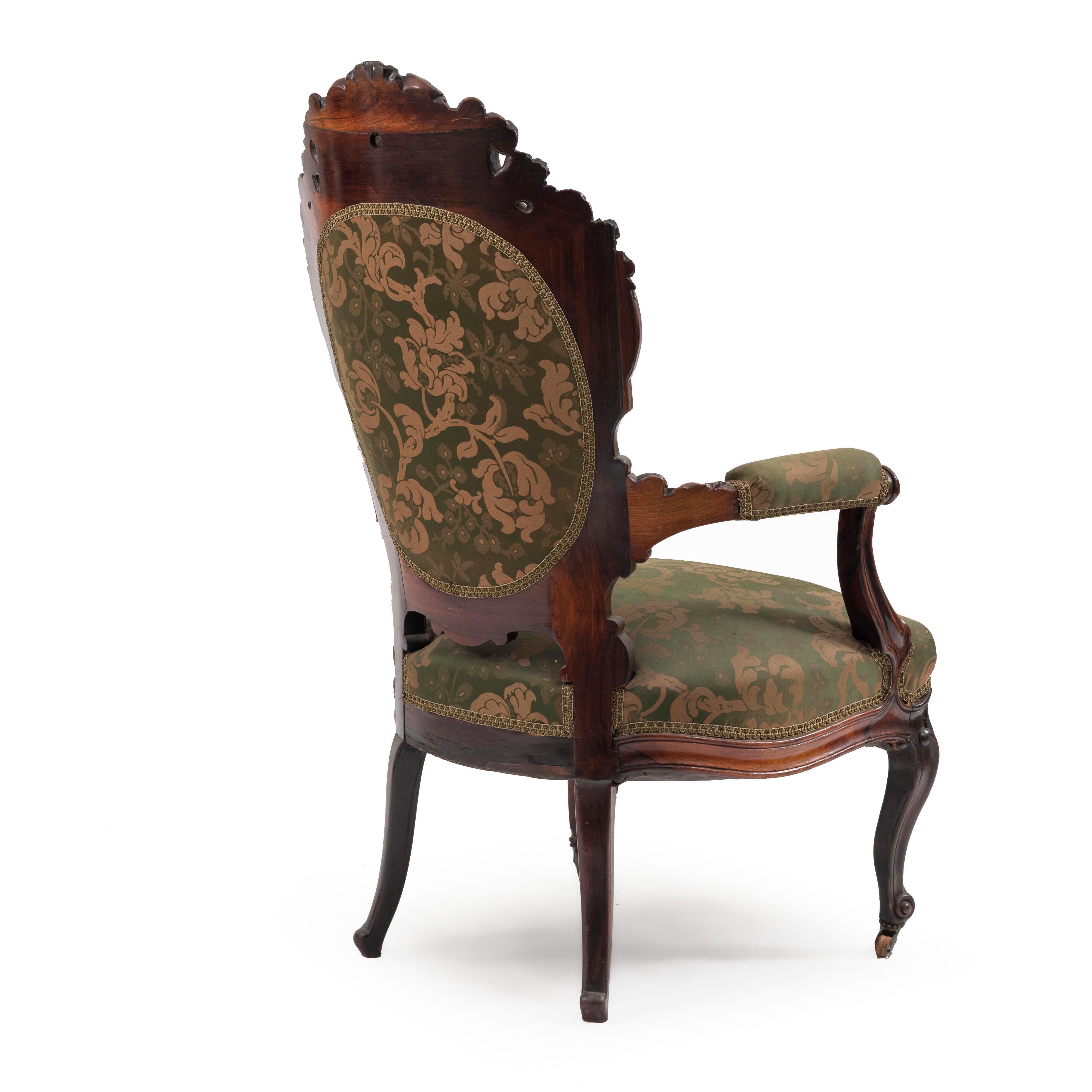Brass Pair of French Victorian Carved Rosewood Armchairs For Sale