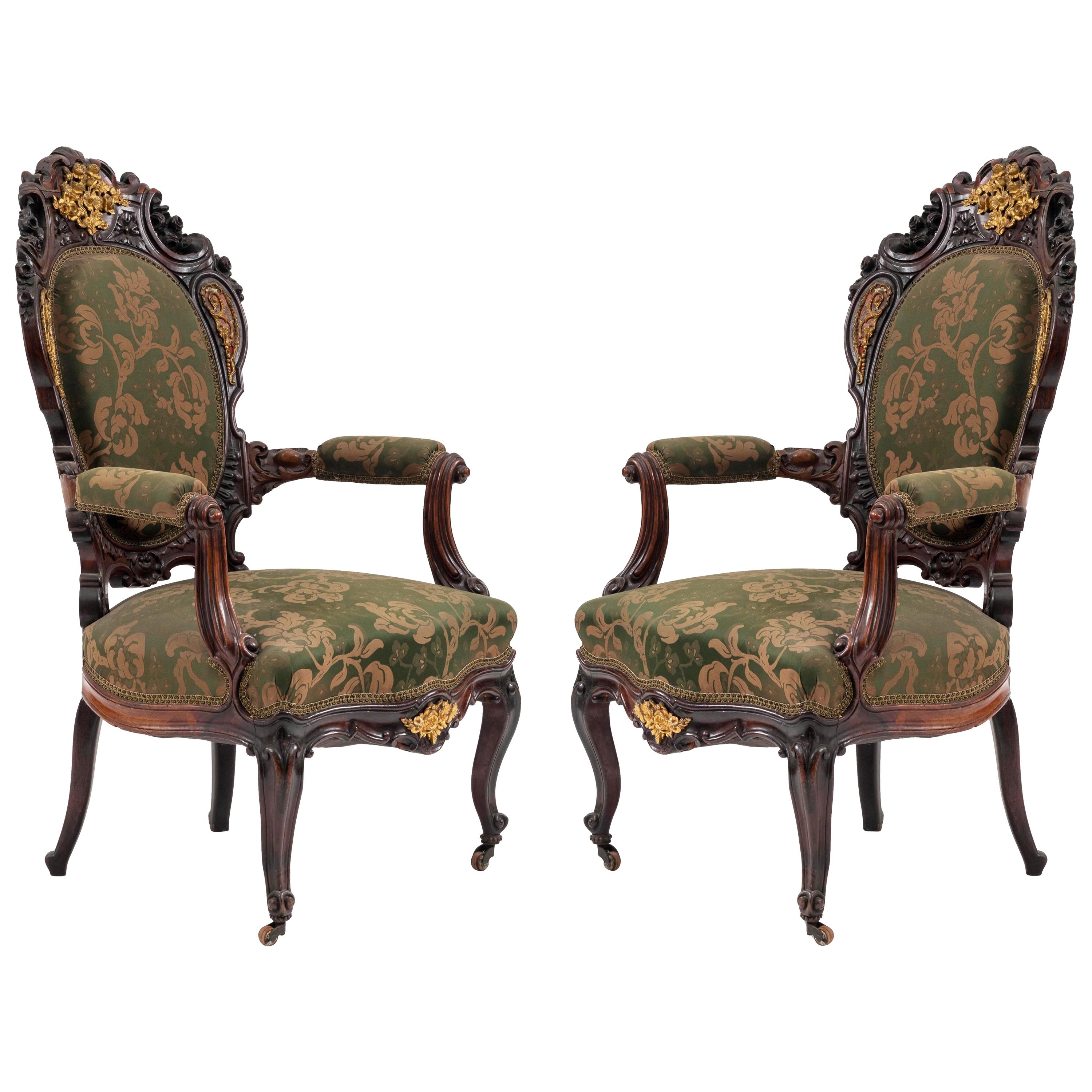 Pair of French Victorian Carved Rosewood Armchairs