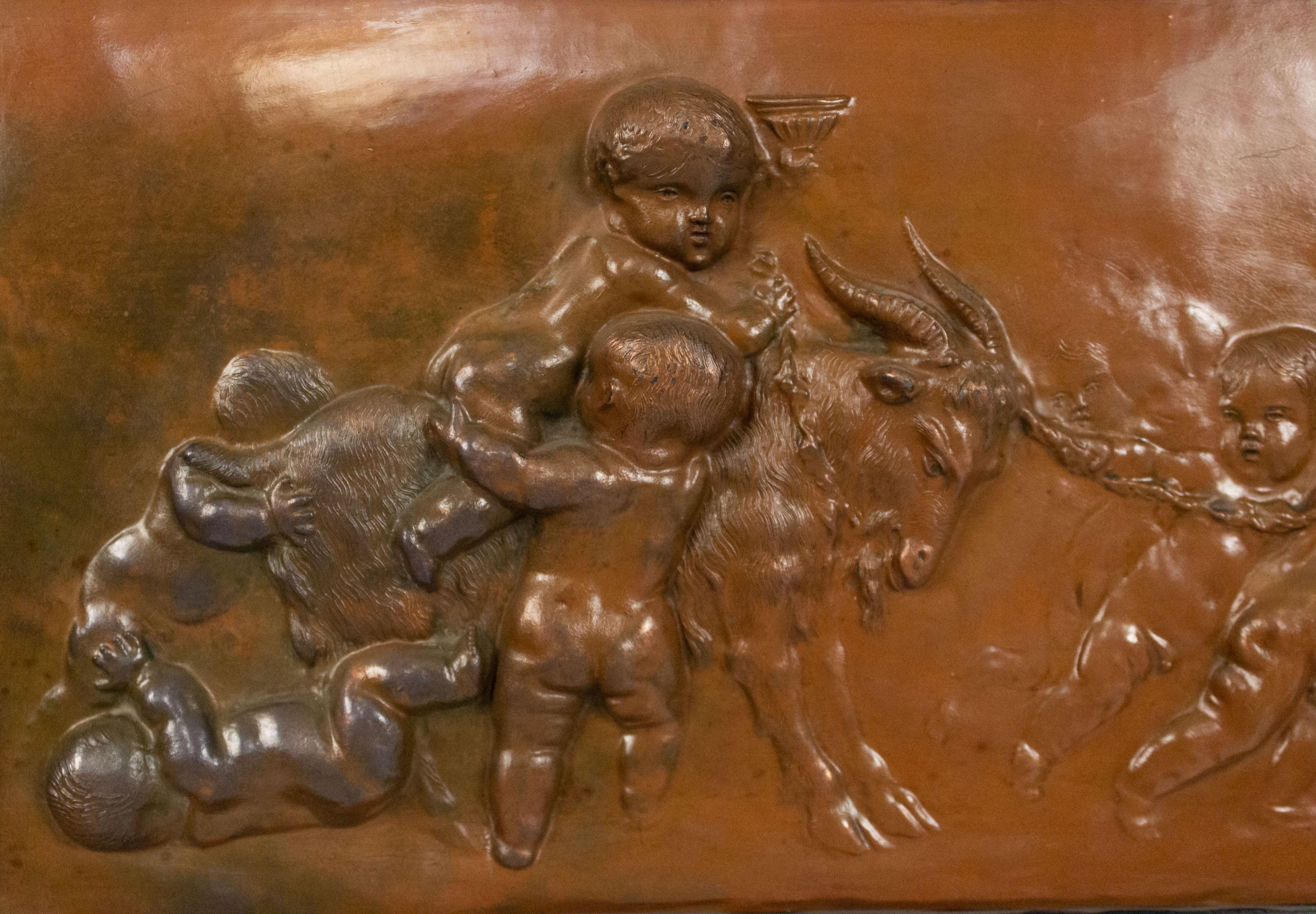 19th Century Pair of French Victorian Copper Cupid and Animals Wall Plaques For Sale