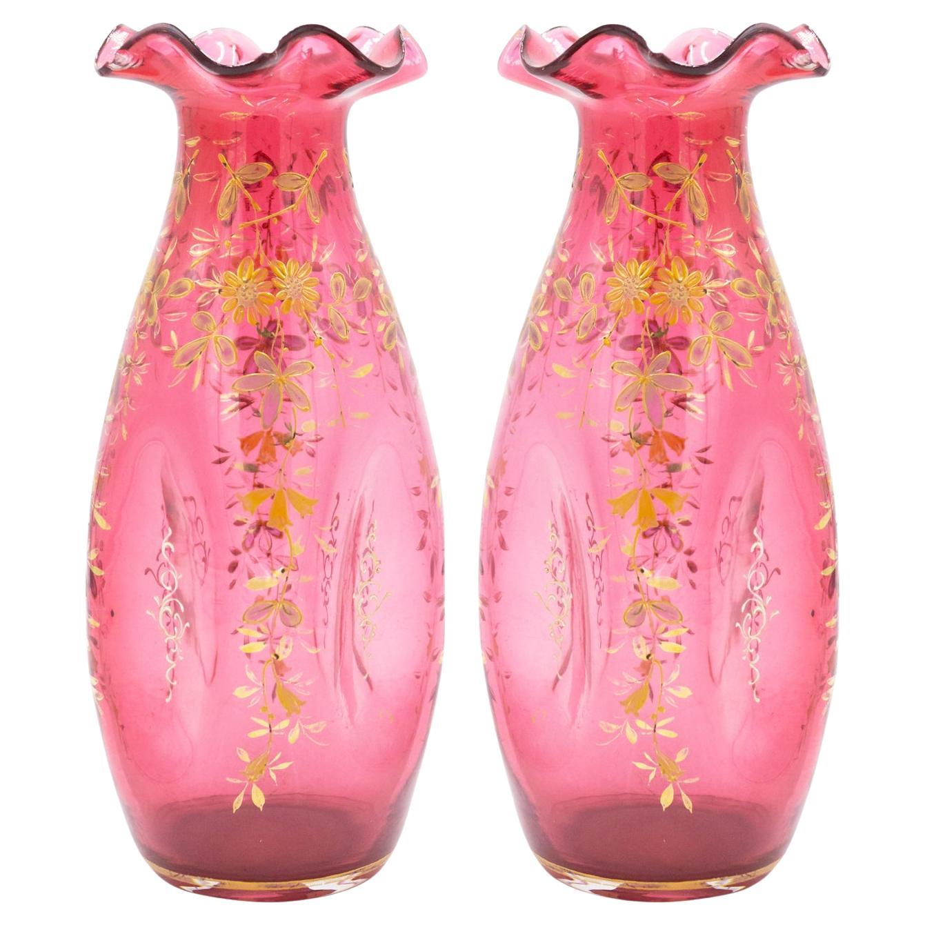 Pair of French Victorian Cranberry Glass Vases