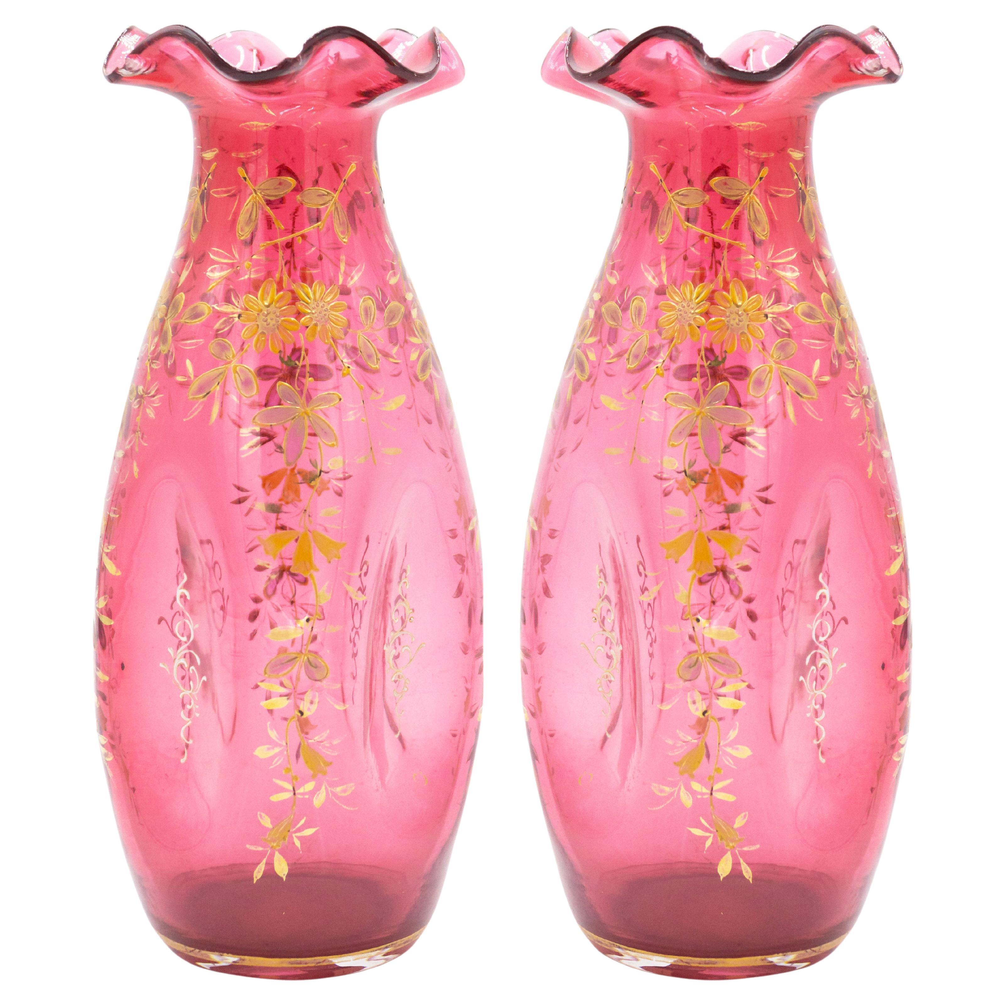 Pair of French Victorian Cranberry Glass Vases For Sale